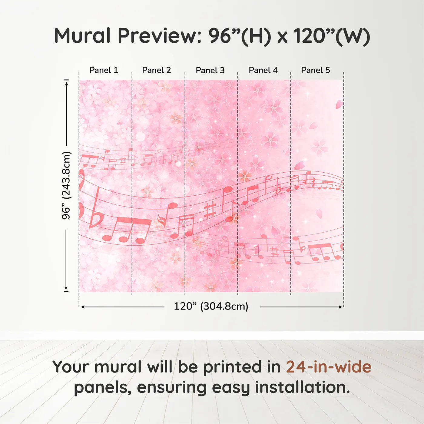 Whimsy Tots Pink Cherry Blossom Melody Wall Muraldimension view (96" H x 120" W). Printed in five 24-inch-wide panels. Best for Girls