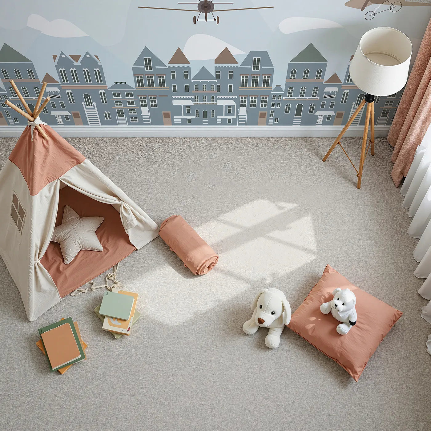 Top-down view of Whimsy Tots' Vintage Planes Over Town Wall Mural (Turn Their Room into a Nostalgic European Air Show).Gender-Neutral