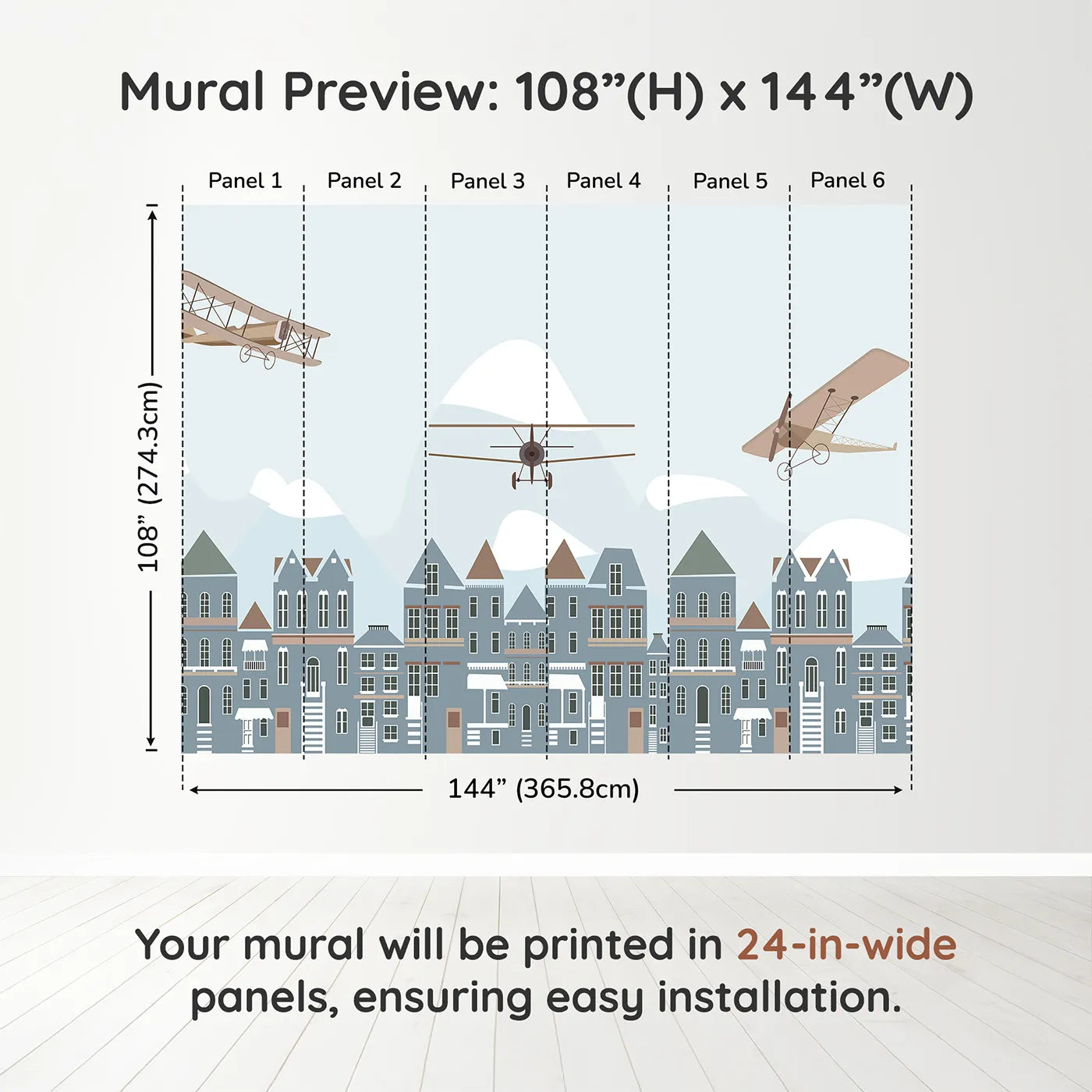 Whimsy Tots Vintage Planes Over Town Wall Muraldimension view (108" H x 144" W). Printed in six 24-inch-wide panels. Gender-Neutral