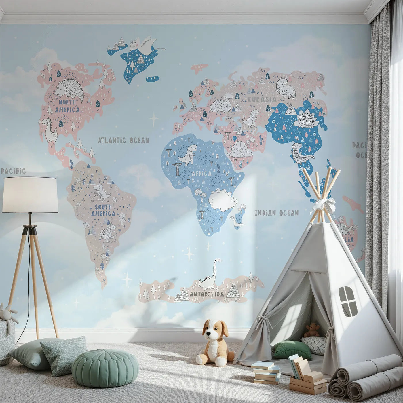 Front view of Whimsy Tots' Doodle Dinosaur World Map Wall Mural