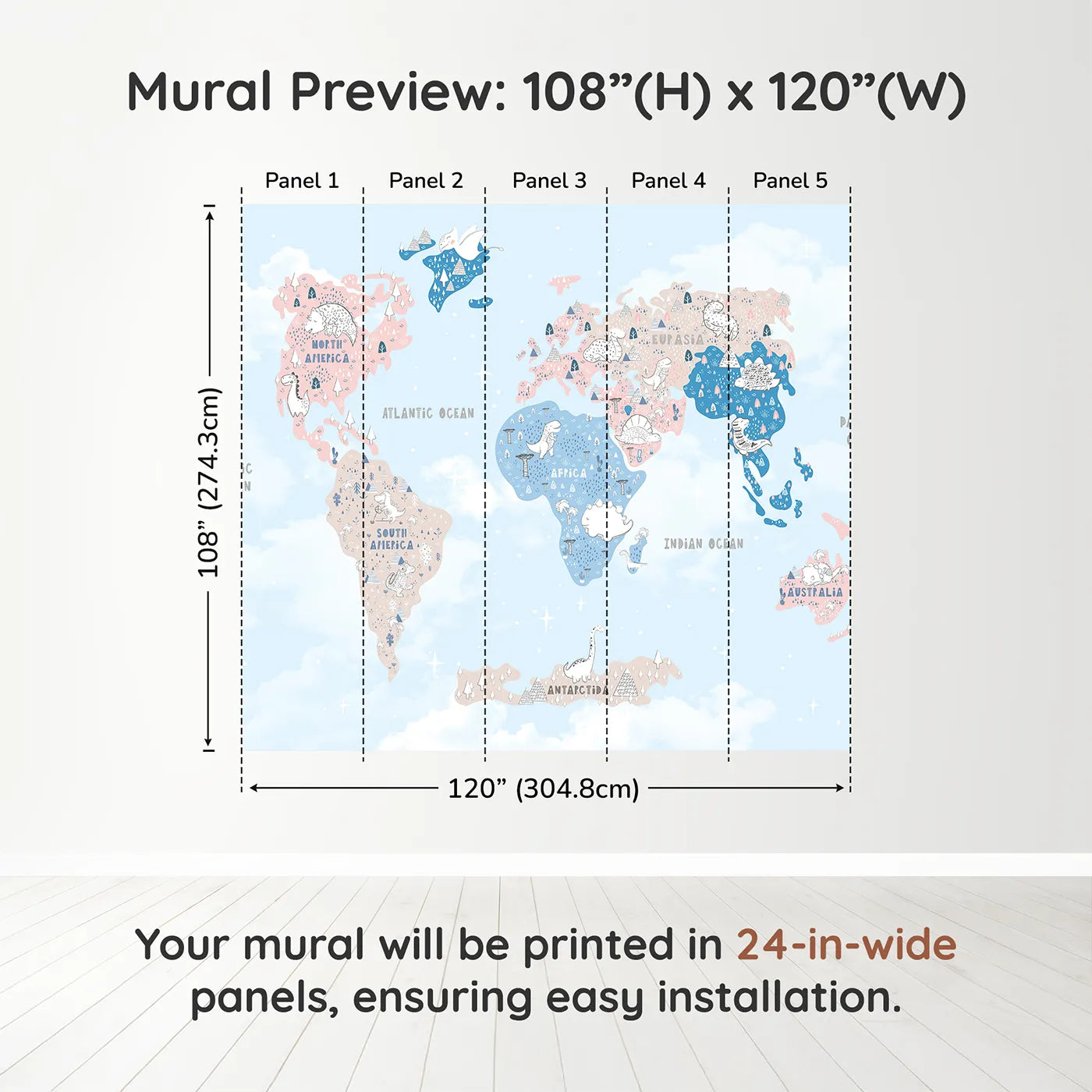 Whimsy Tots Doodle Dinosaur World Map Wall Muraldimension view (108" H x 120" W). Printed in five 24-inch-wide panels. Gender-Neutral