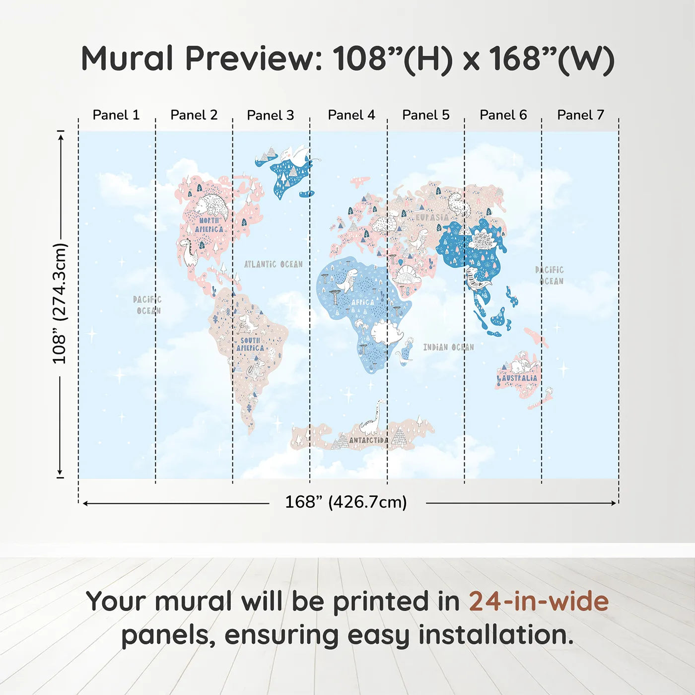 Whimsy Tots Doodle Dinosaur World Map Wall Muraldimension view (108" H x 168" W). Printed in seven 24-inch-wide panels. Gender-Neutral