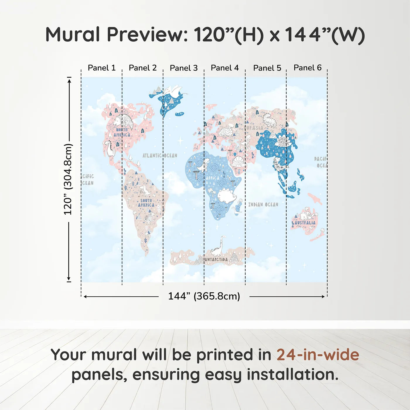Whimsy Tots Doodle Dinosaur World Map Wall Muraldimension view (120" H x 144" W). Printed in six 24-inch-wide panels. Gender-Neutral