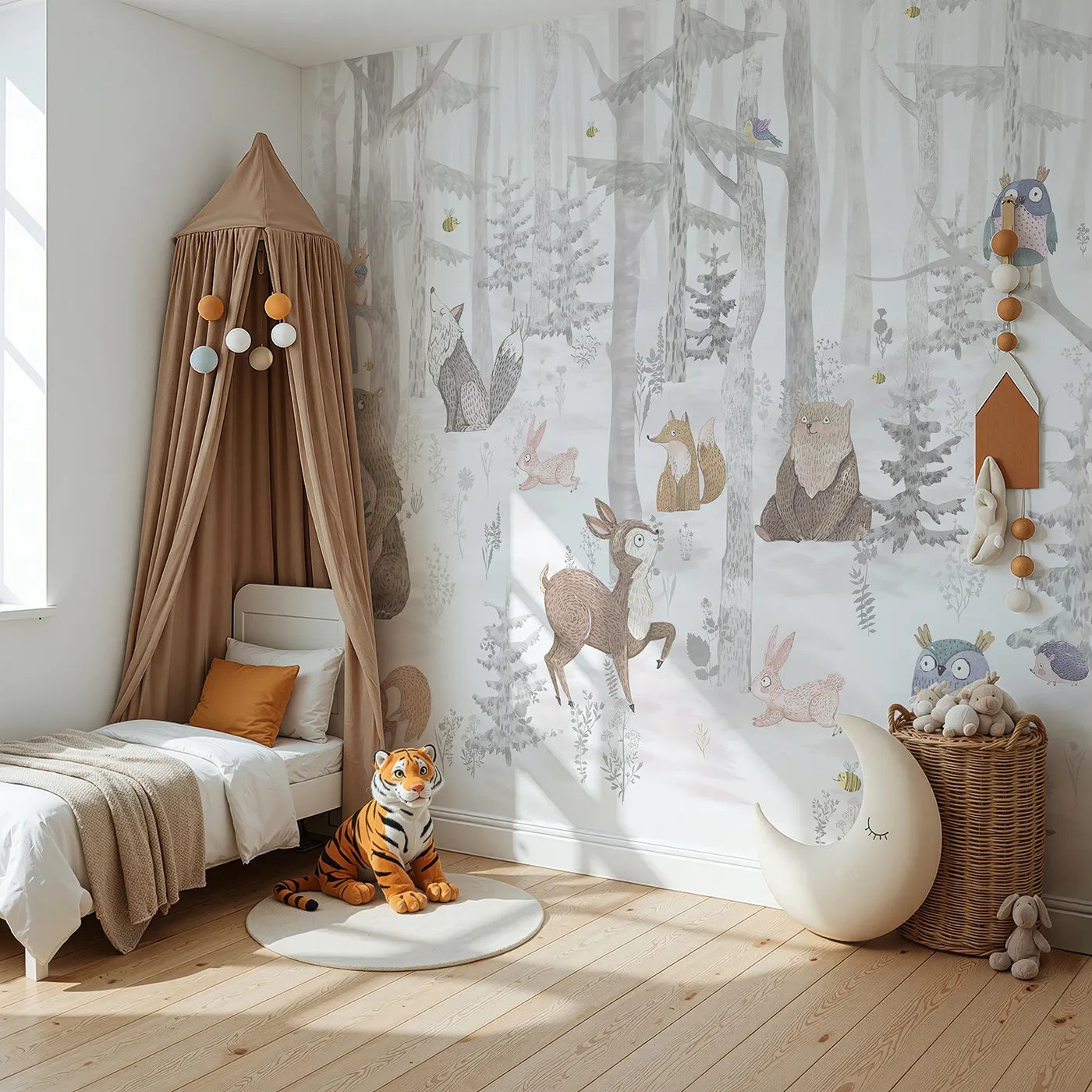 Angled view of Whimsy Tots' Winter Woodland Friends Wall Mural (Turn Their Room into a Charming, Snowy Forest Gathering).Gender-Neutral