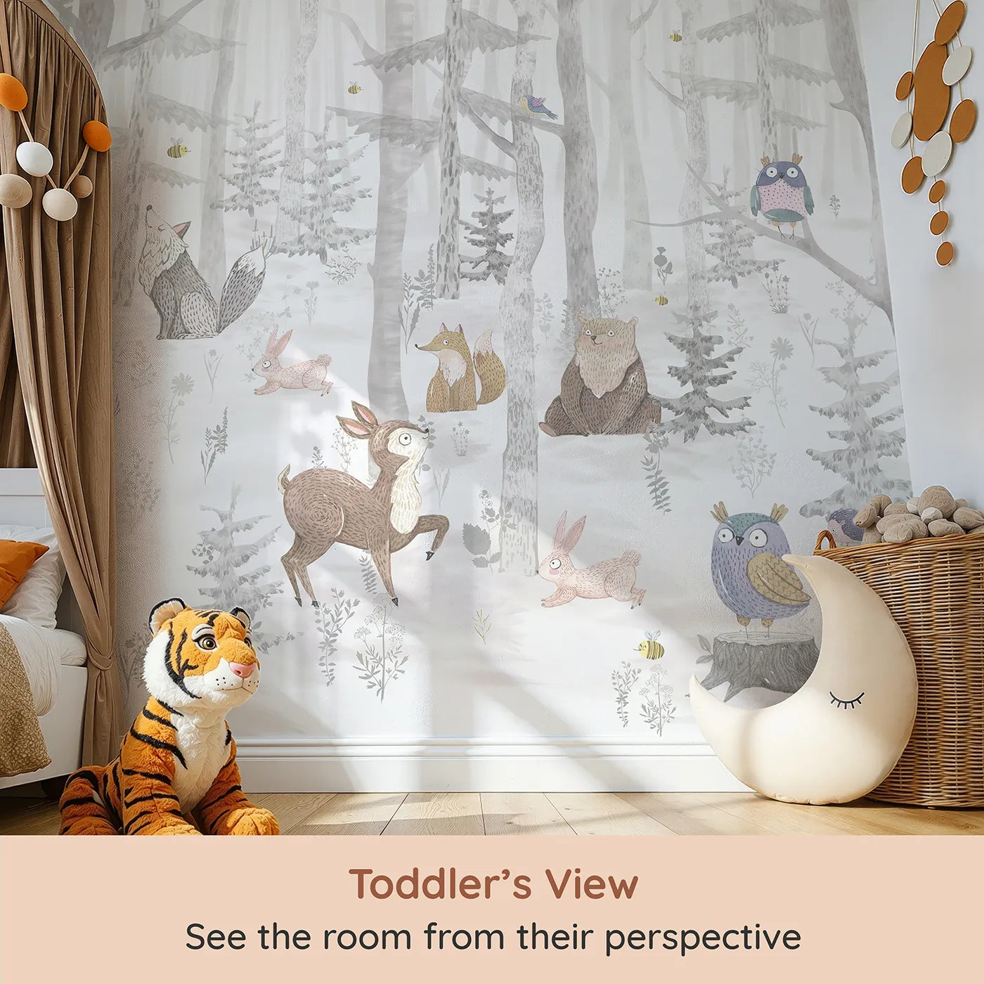 Whimsy Tots Winter Woodland Friends Wall Mural (Turn Their Room into a Charming, Snowy Forest Gathering) from your child's view.Gender-Neutral