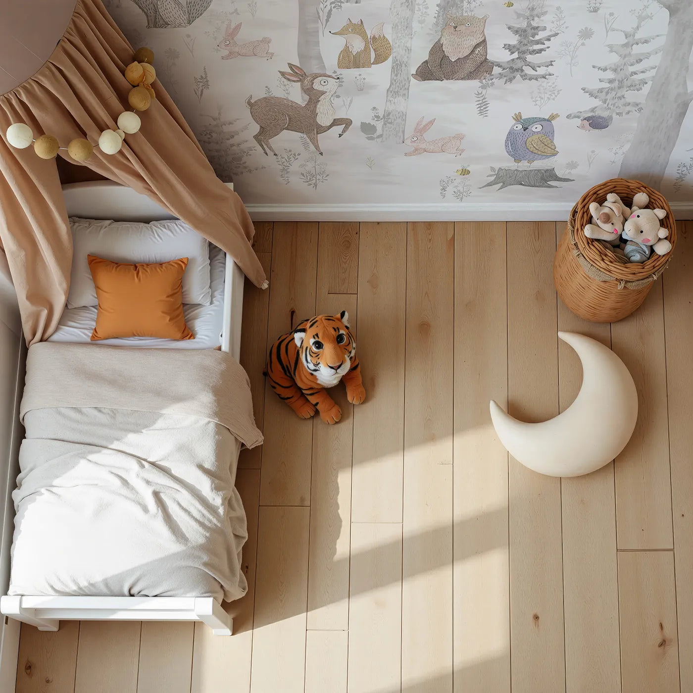 Top-down view of Whimsy Tots' Winter Woodland Friends Wall Mural (Turn Their Room into a Charming, Snowy Forest Gathering).Gender-Neutral