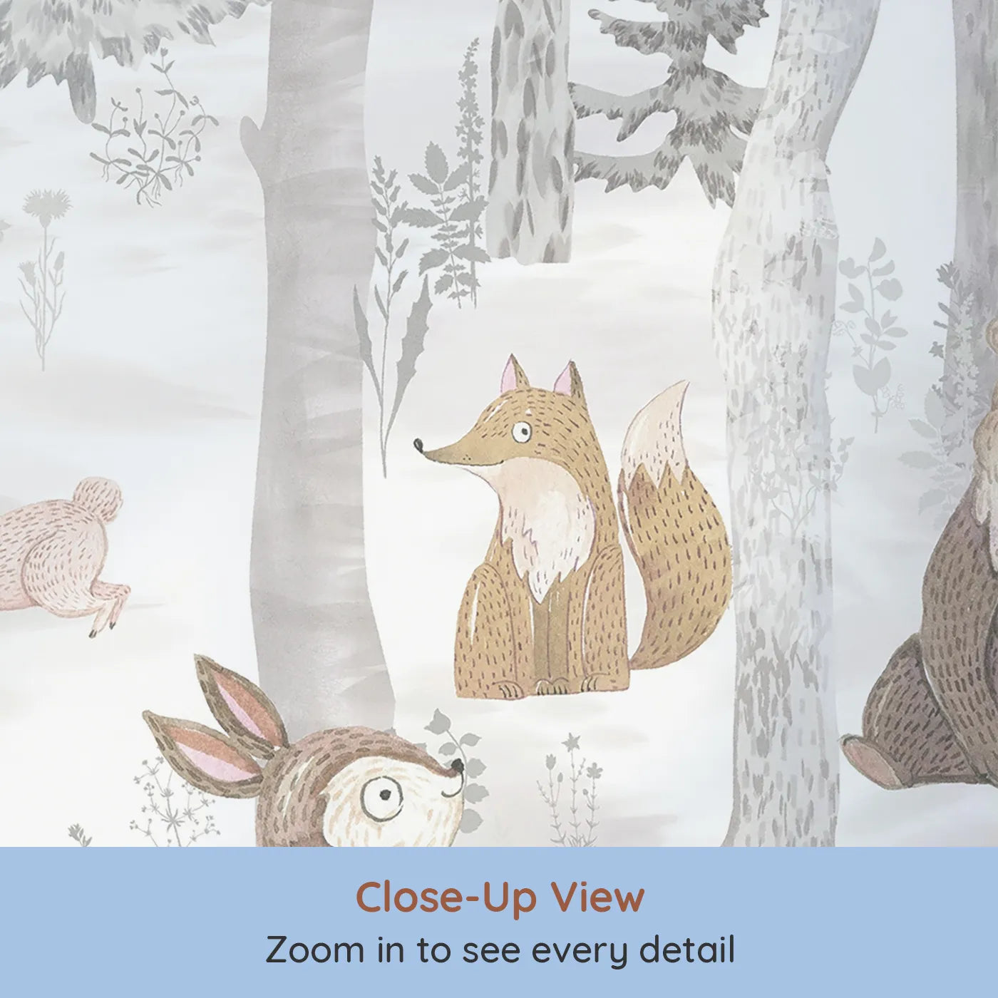 Close-up view of Whimsy Tots' Winter Woodland Friends Wall Mural (Turn Their Room into a Charming, Snowy Forest Gathering).Gender-Neutral