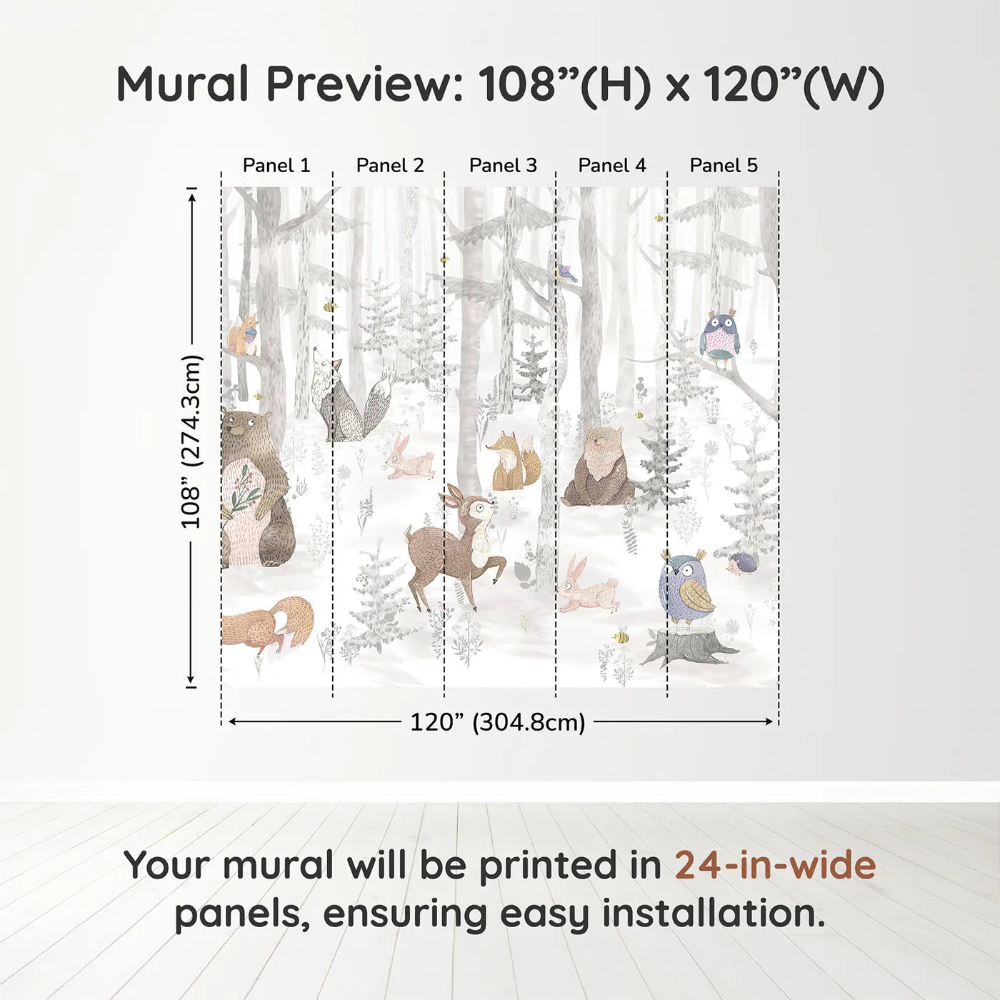 Whimsy Tots Winter Woodland Friends Wall Muraldimension view (108" H x 120" W). Printed in five 24-inch-wide panels. Gender-Neutral