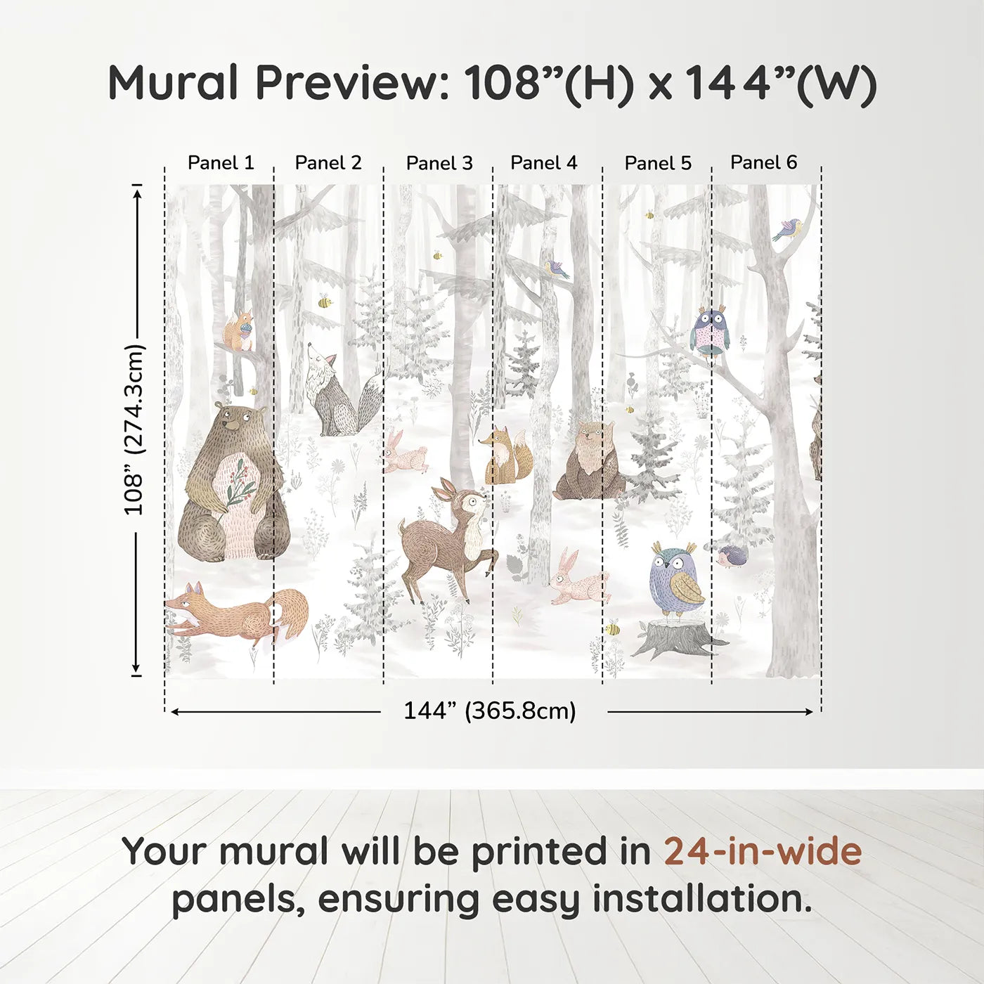 Whimsy Tots Winter Woodland Friends Wall Muraldimension view (108" H x 144" W). Printed in six 24-inch-wide panels. Gender-Neutral