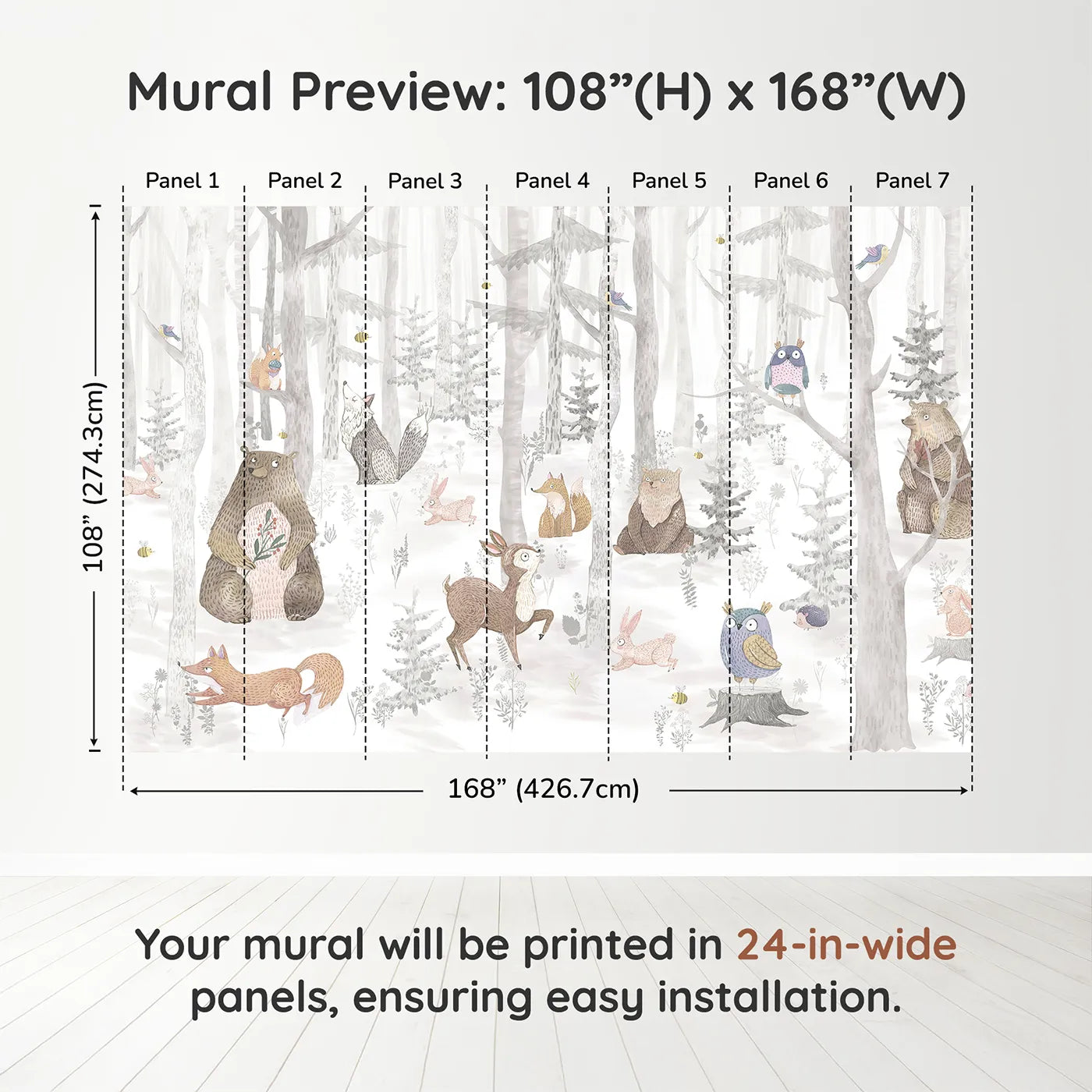 Whimsy Tots Winter Woodland Friends Wall Muraldimension view (108" H x 168" W). Printed in seven 24-inch-wide panels. Gender-Neutral