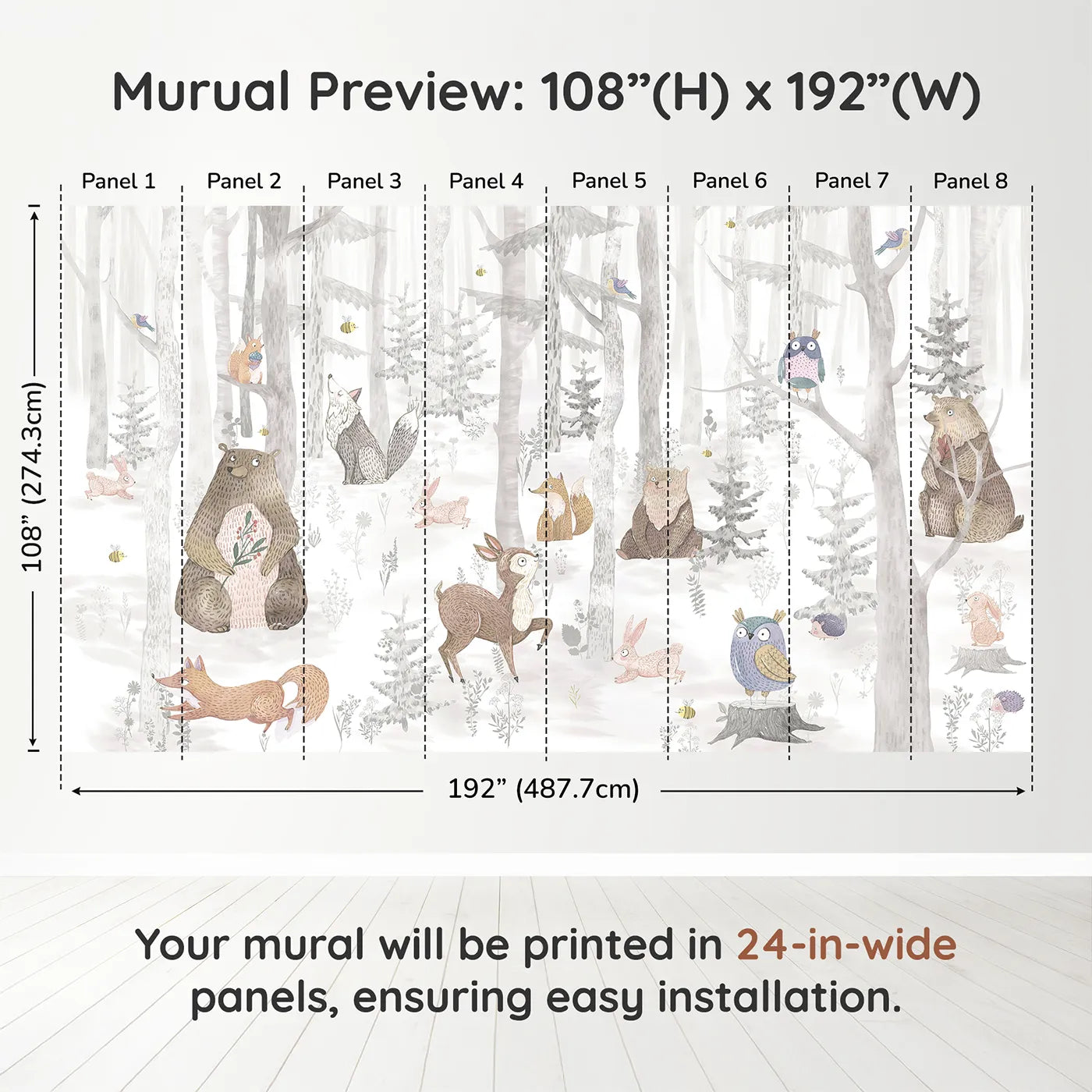 Whimsy Tots Winter Woodland Friends Wall Muraldimension view (108" H x 192" W). Printed in eight 24-inch-wide panels. Gender-Neutral