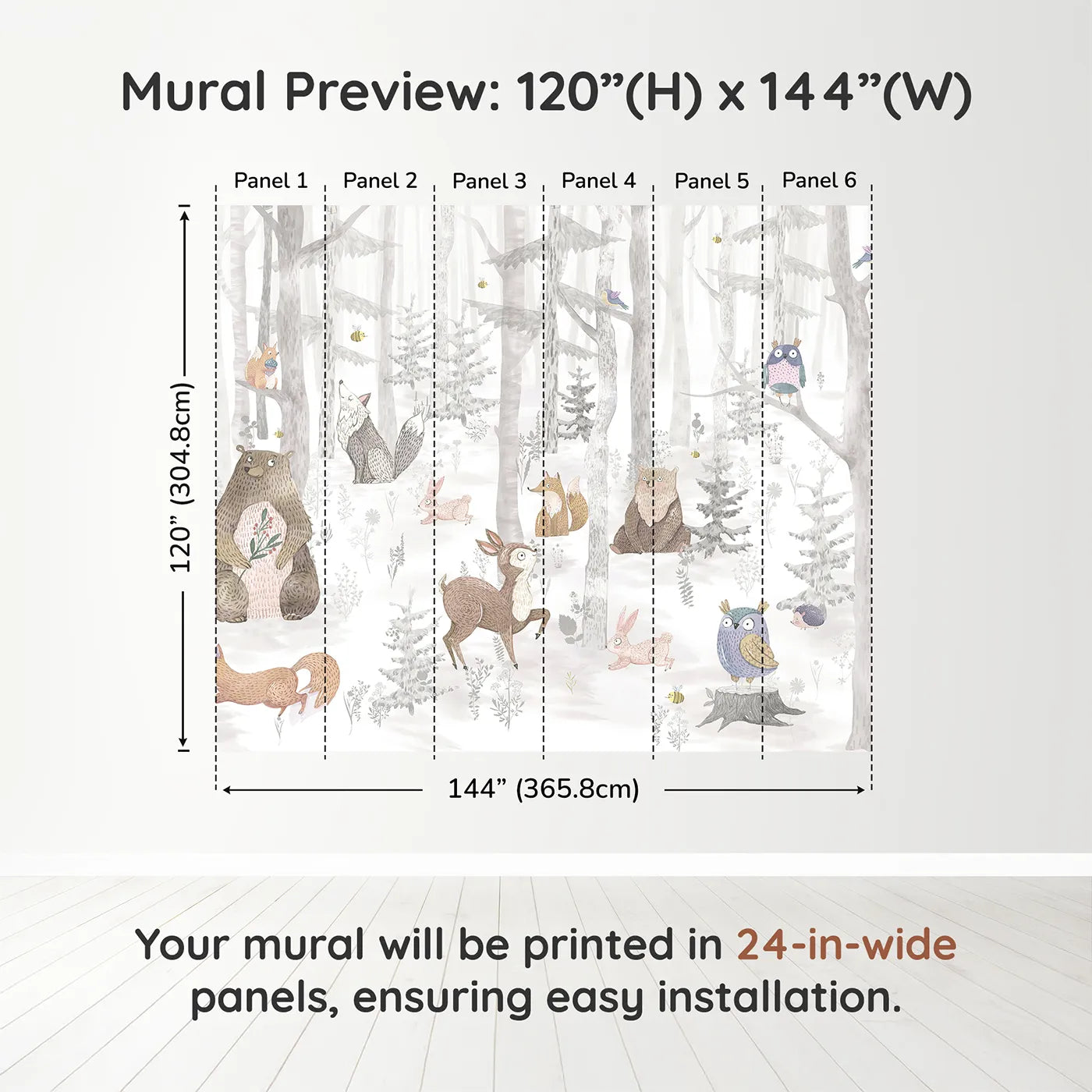 Whimsy Tots Winter Woodland Friends Wall Muraldimension view (120" H x 144" W). Printed in six 24-inch-wide panels. Gender-Neutral