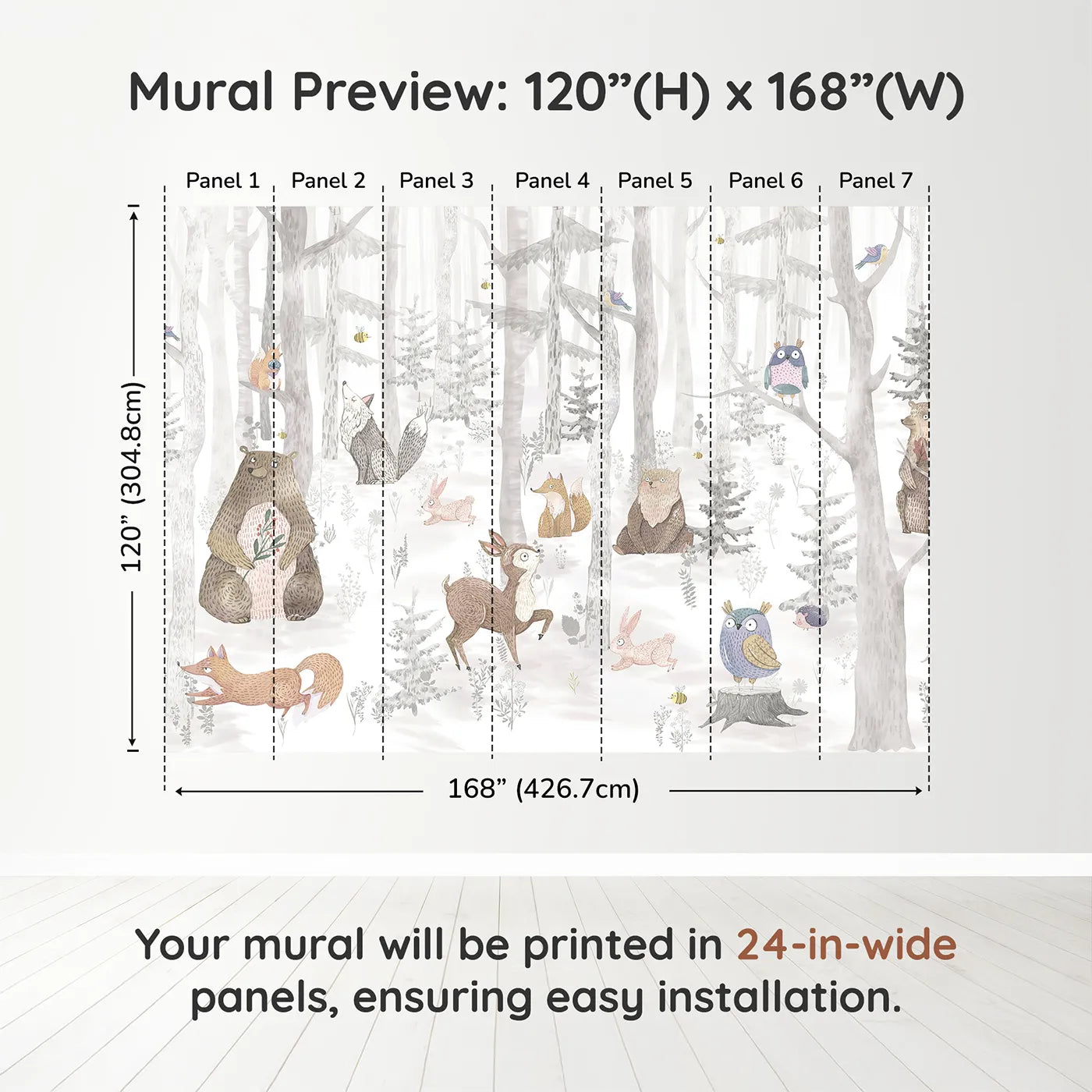 Whimsy Tots Winter Woodland Friends Wall Muraldimension view (120" H x 168" W). Printed in seven 24-inch-wide panels. Gender-Neutral