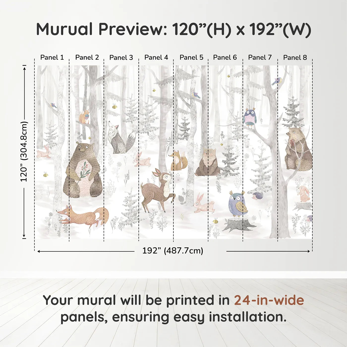 Whimsy Tots Winter Woodland Friends Wall Muraldimension view (120" H x 192" W). Printed in eight 24-inch-wide panels. Gender-Neutral
