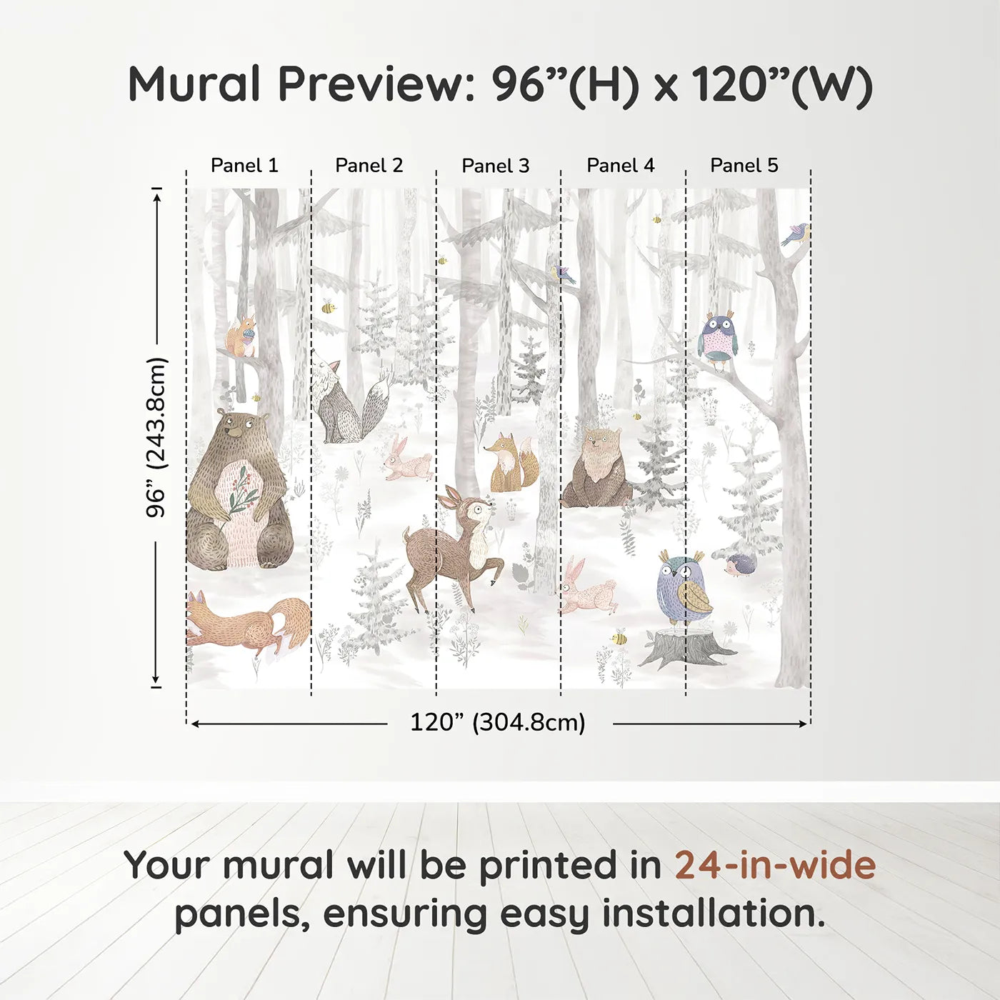Whimsy Tots Winter Woodland Friends Wall Muraldimension view (96" H x 120" W). Printed in five 24-inch-wide panels. Gender-Neutral