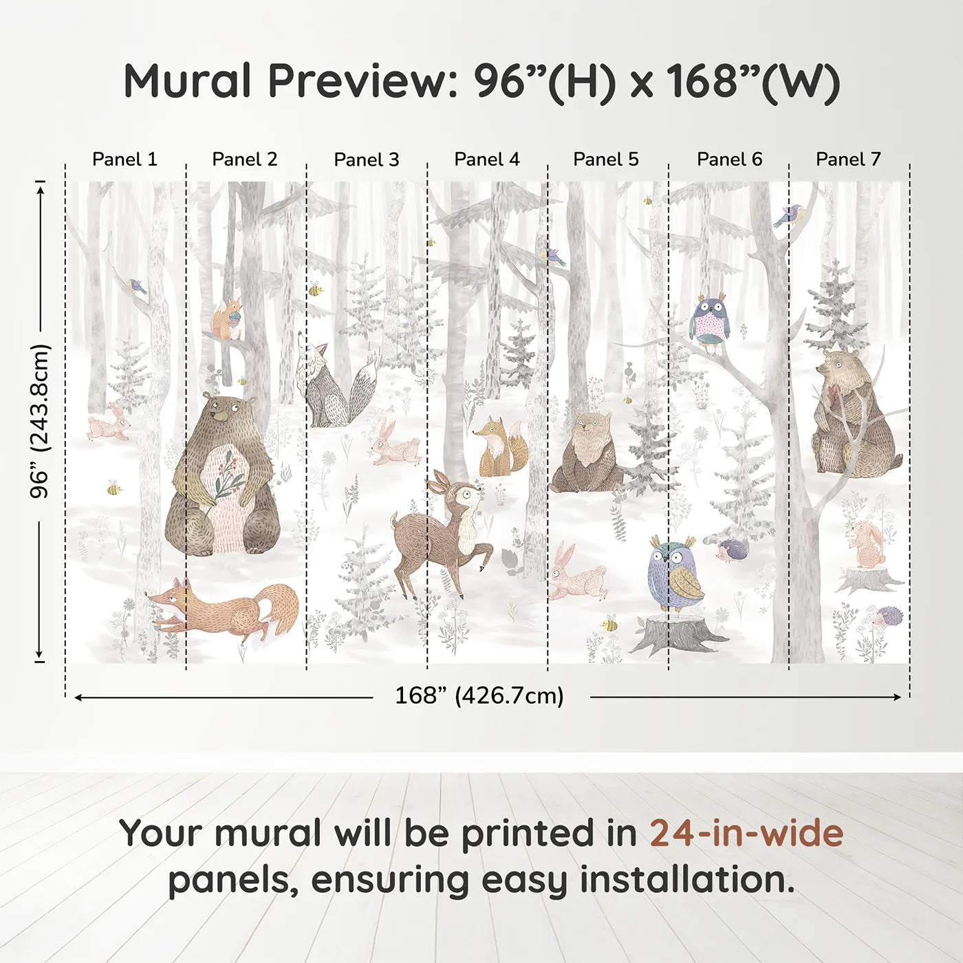 Whimsy Tots Winter Woodland Friends Wall Muraldimension view (96" H x 168" W). Printed in seven 24-inch-wide panels. Gender-Neutral