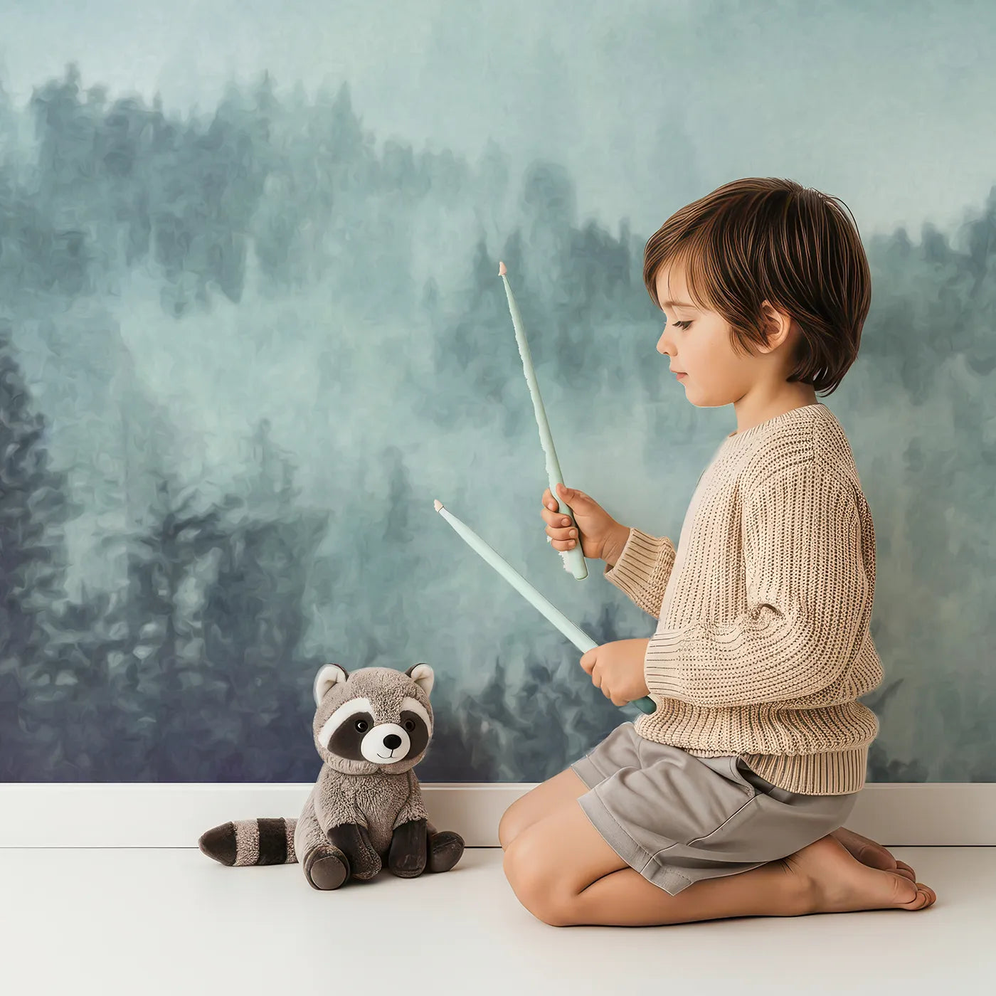 Child in front of Whimsy Tots Misty Teal Mountain Forest Wall Mural with forest, mountain, mist, fog, tree, landscape, teal, pine in design.