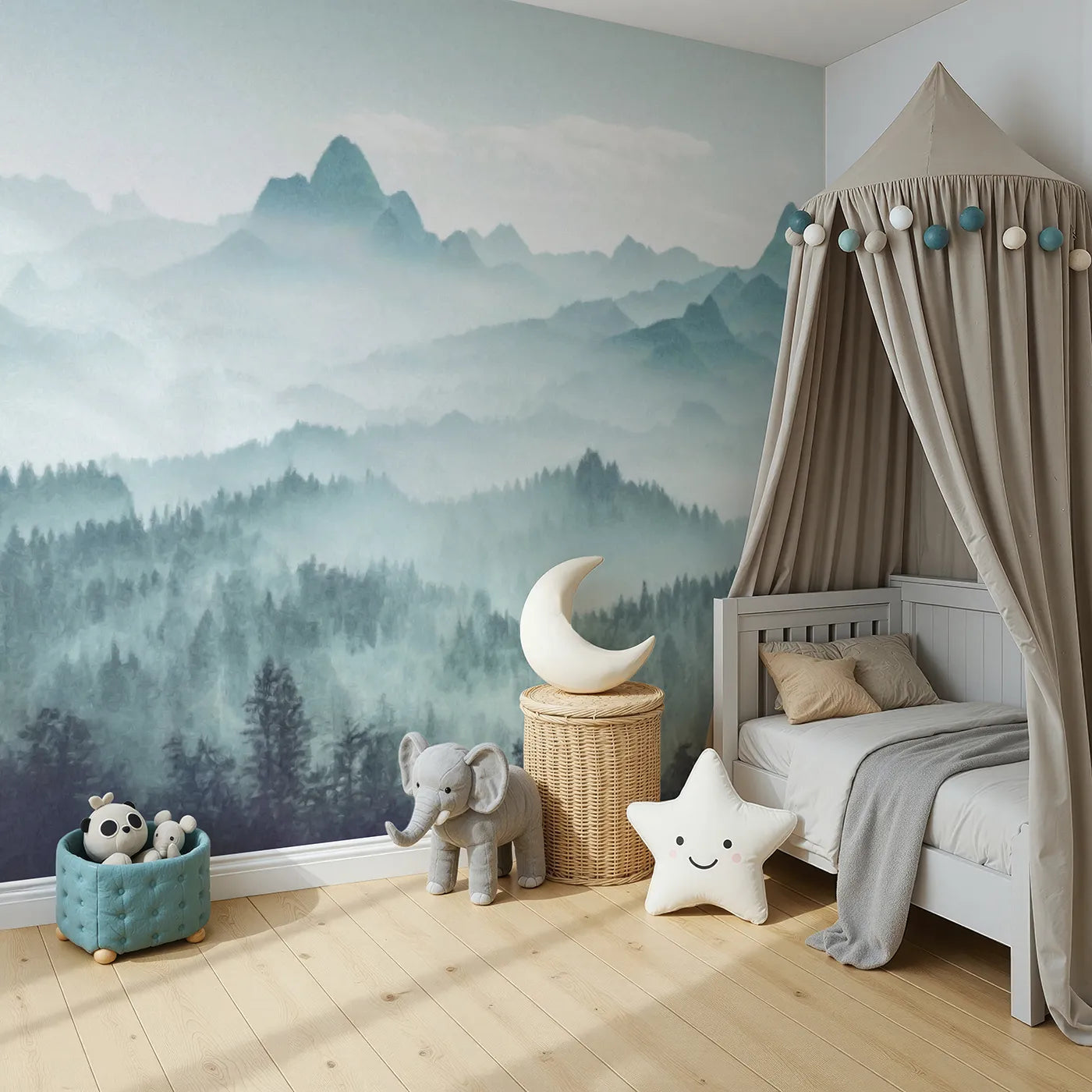 Angled view of Whimsy Tots' Misty Teal Mountain Forest Wall Mural (Turn Their Room into a Moody, Atmospheric Mountain Vista).Gender-Neutral