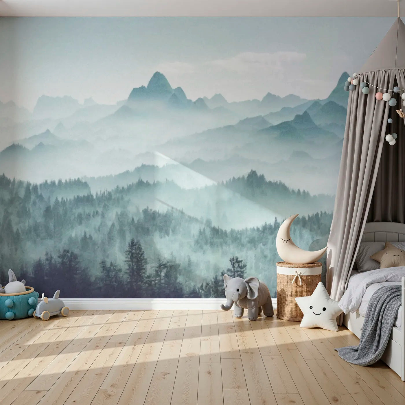 Front view of Whimsy Tots' Misty Teal Mountain Forest Wall Mural