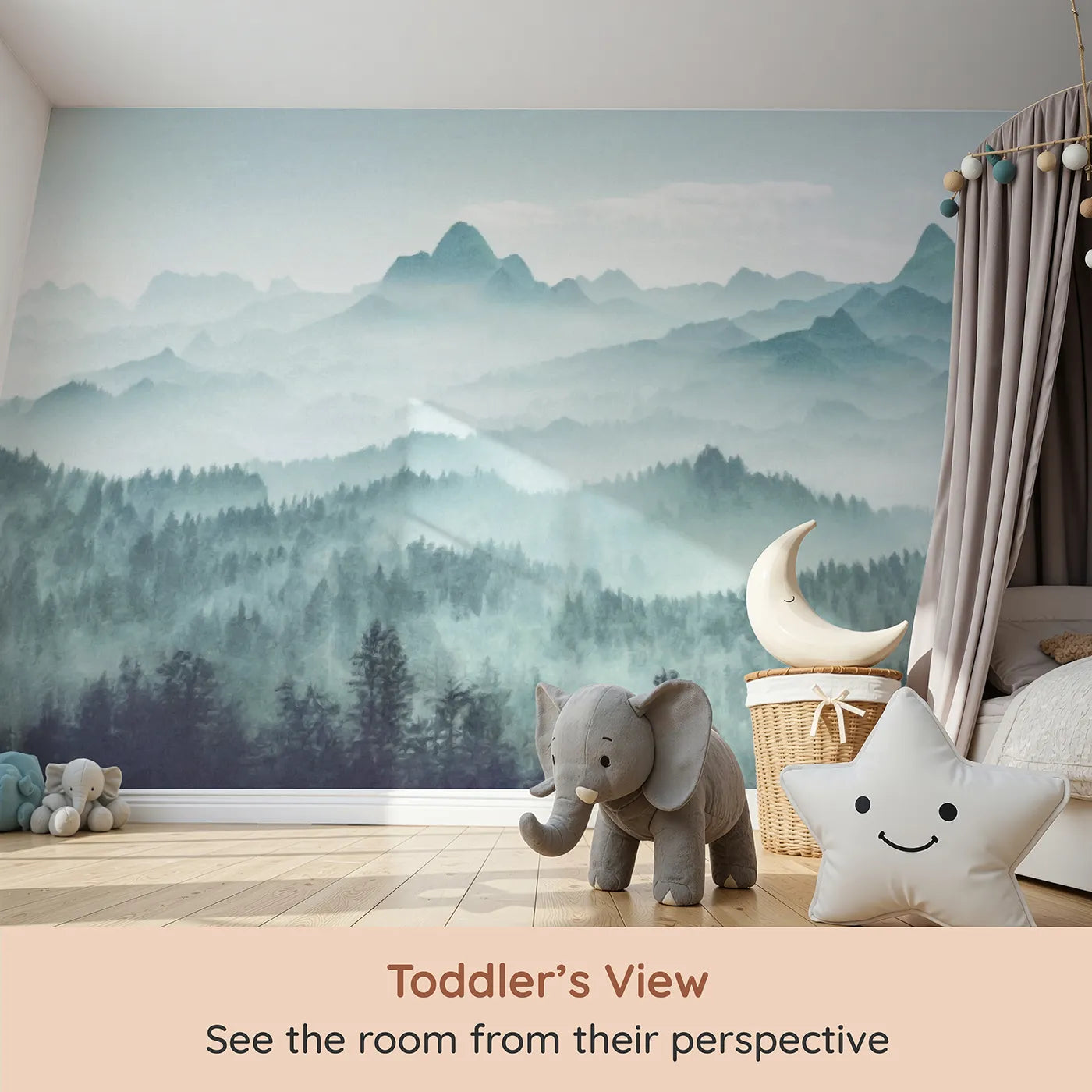 Whimsy Tots Misty Teal Mountain Forest Wall Mural (Turn Their Room into a Moody, Atmospheric Mountain Vista) from your child's view.Gender-Neutral
