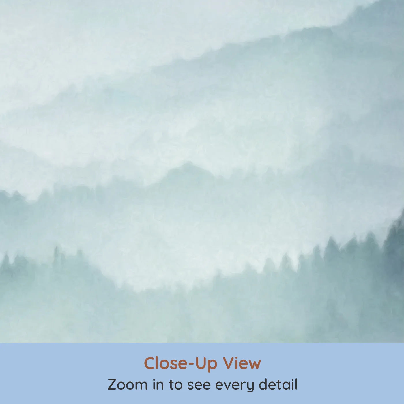Close-up view of Whimsy Tots' Misty Teal Mountain Forest Wall Mural (Turn Their Room into a Moody, Atmospheric Mountain Vista).Gender-Neutral