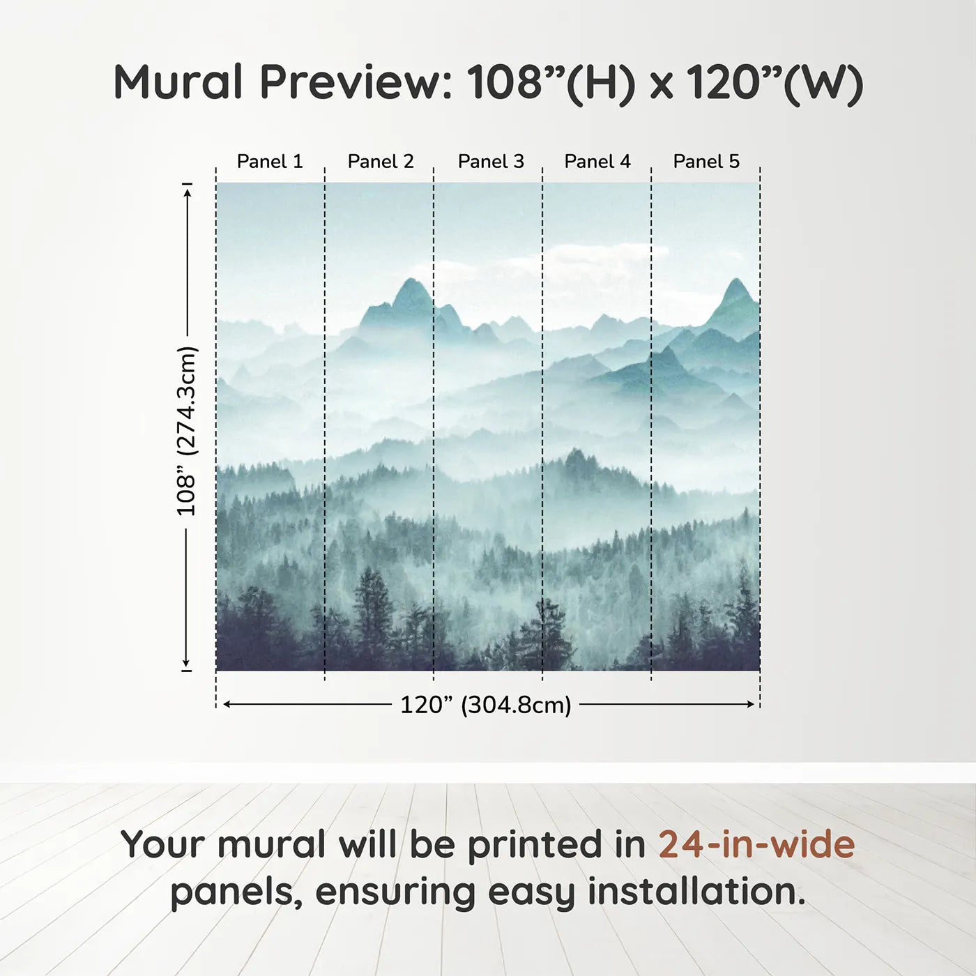 Whimsy Tots Misty Teal Mountain Forest Wall Muraldimension view (108" H x 120" W). Printed in five 24-inch-wide panels. Gender-Neutral