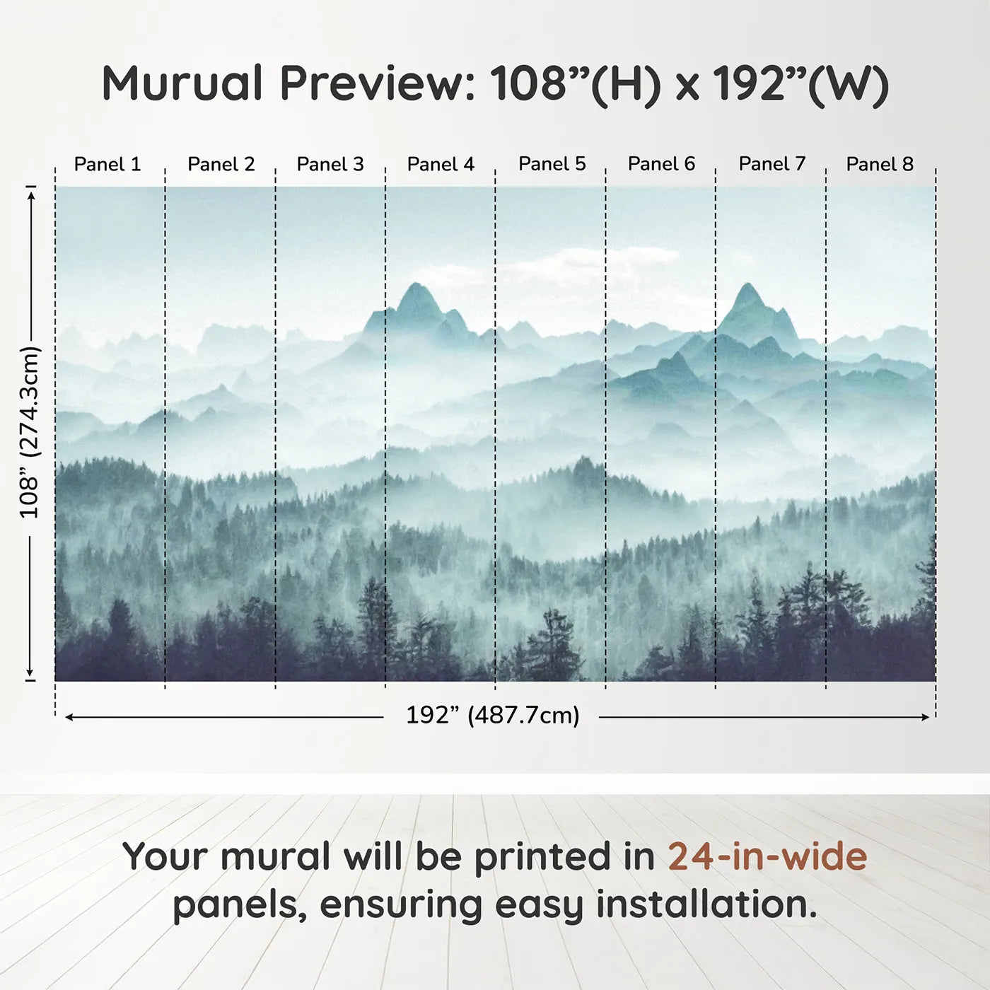 Whimsy Tots Misty Teal Mountain Forest Wall Muraldimension view (108" H x 192" W). Printed in eight 24-inch-wide panels. Gender-Neutral
