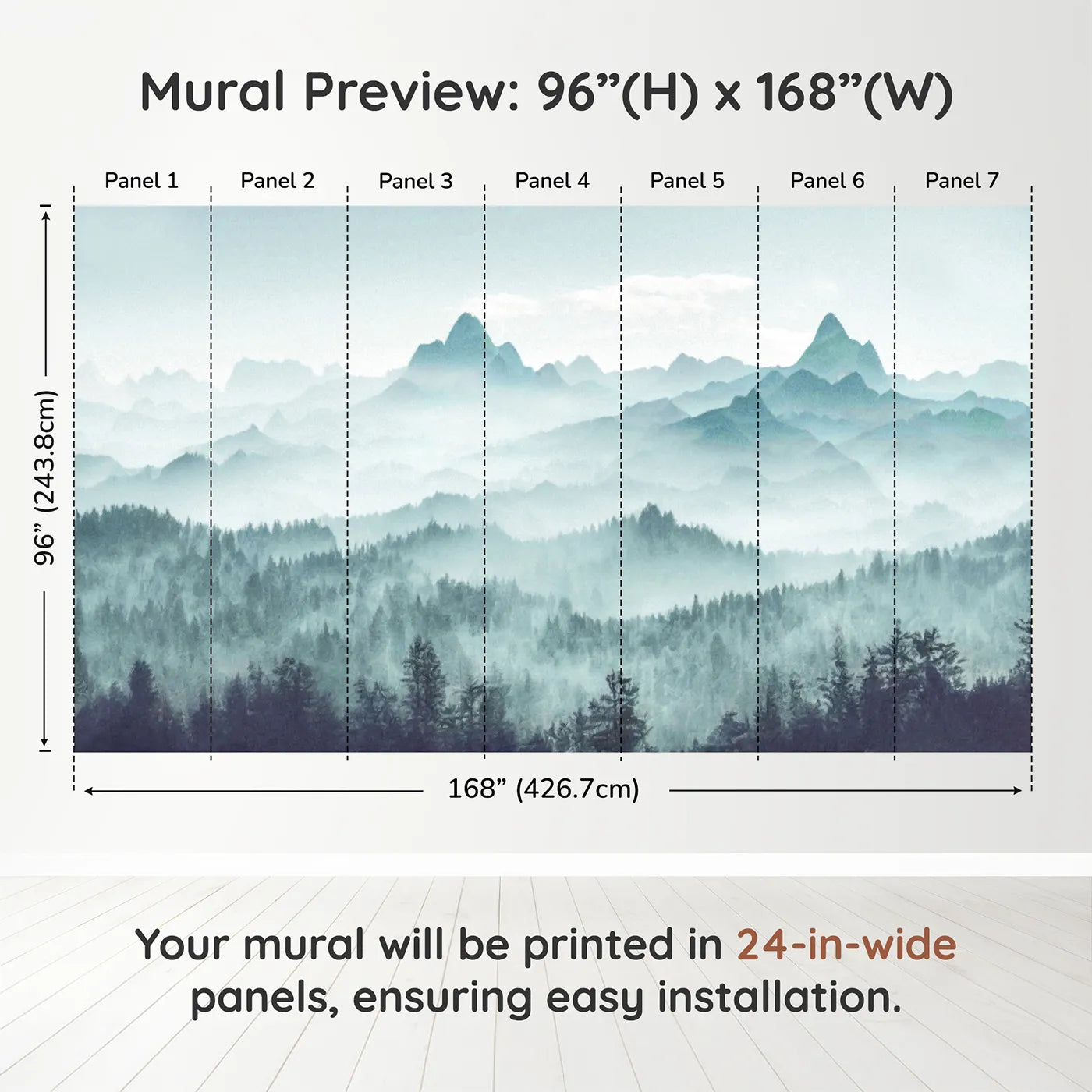 Whimsy Tots Misty Teal Mountain Forest Wall Muraldimension view (96" H x 168" W). Printed in seven 24-inch-wide panels. Gender-Neutral