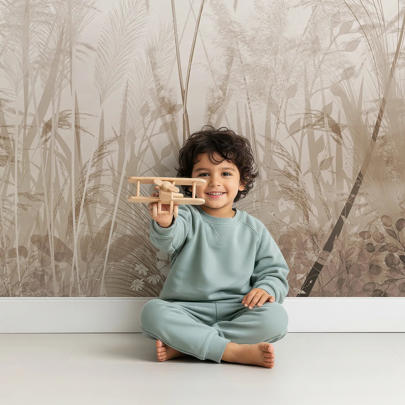 Child in front of Whimsy Tots Misty Pampas Grass Wall Mural with pampas grass, grass, beige, mist, boho, neutral, soft, botanical in design.