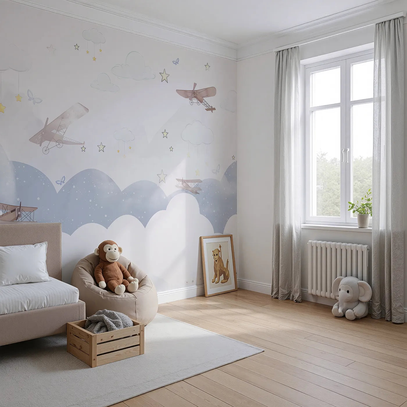 Angled view of Whimsy Tots' Dreamy Sky Adventure Wall Mural (Turn Their Room into a Gentle, High-Flying Dream).Gender-Neutral