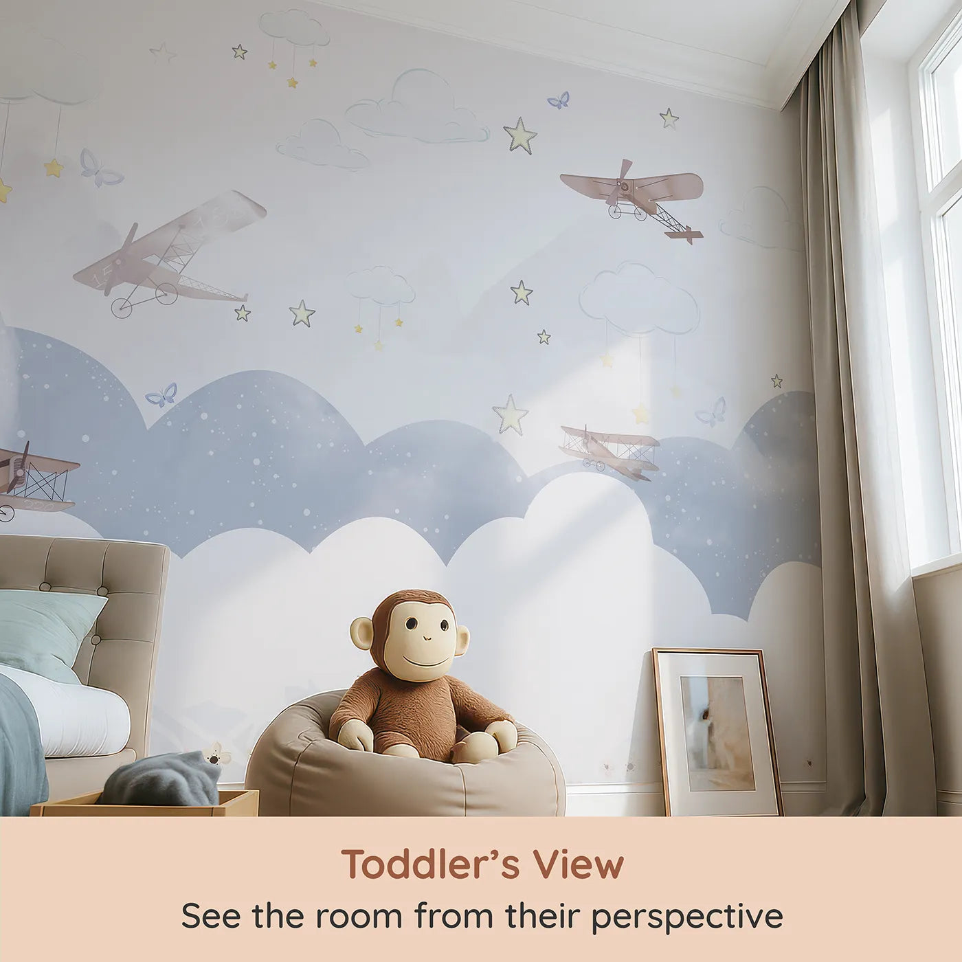 Whimsy Tots Dreamy Sky Adventure Wall Mural (Turn Their Room into a Gentle, High-Flying Dream) from your child's view.Gender-Neutral