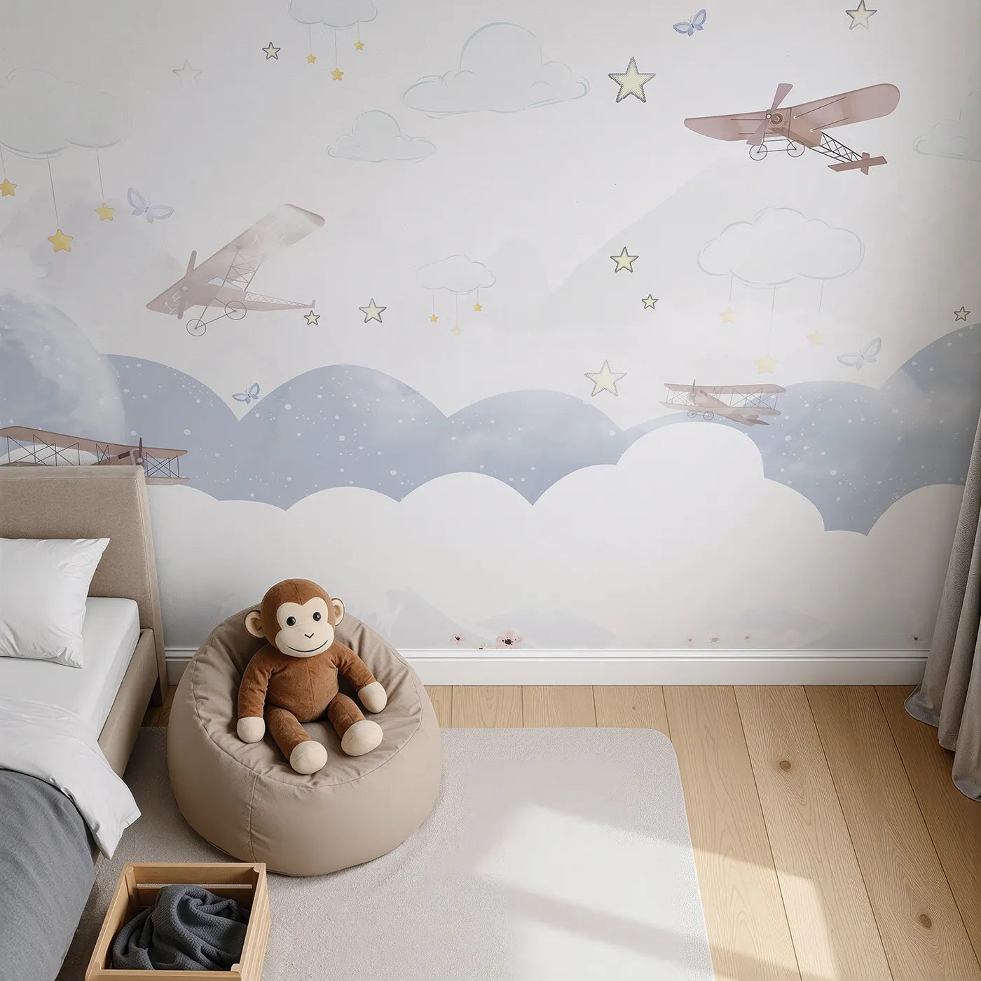 Top-down view of Whimsy Tots' Dreamy Sky Adventure Wall Mural (Turn Their Room into a Gentle, High-Flying Dream).Gender-Neutral