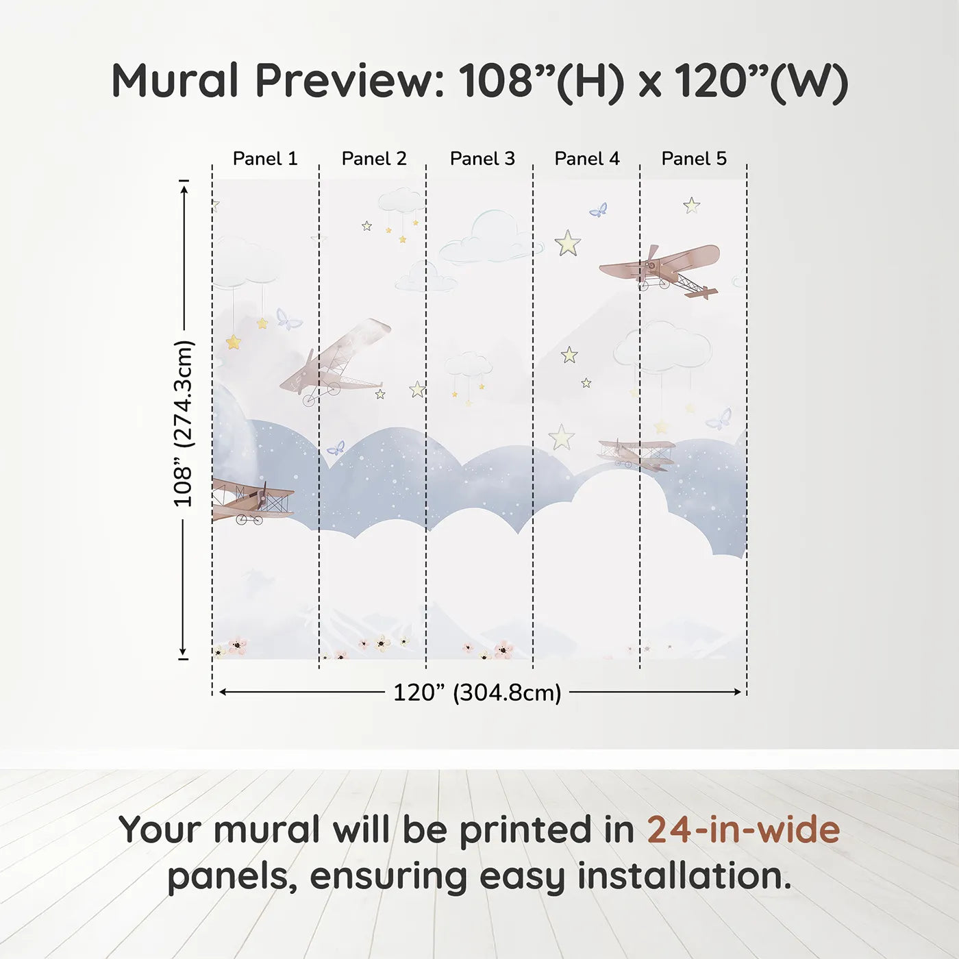 Whimsy Tots Dreamy Sky Adventure Wall Muraldimension view (108" H x 120" W). Printed in five 24-inch-wide panels. Gender-Neutral