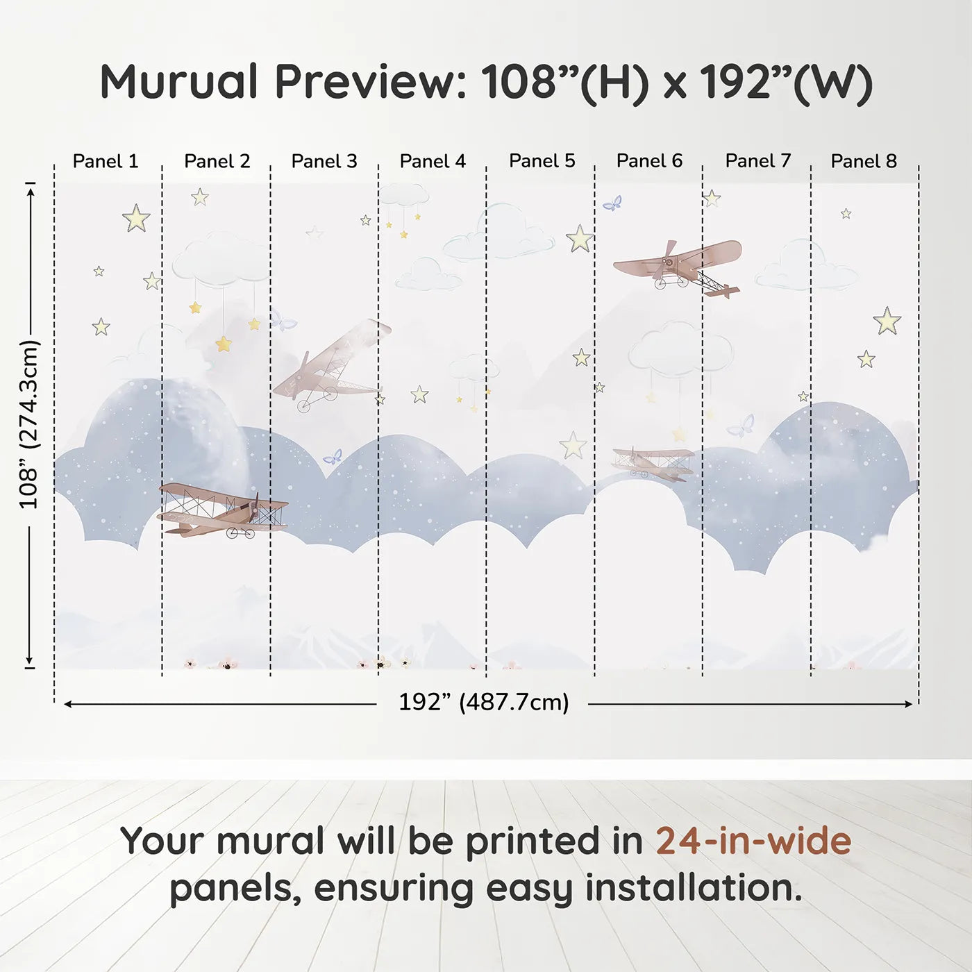 Whimsy Tots Dreamy Sky Adventure Wall Muraldimension view (108" H x 192" W). Printed in eight 24-inch-wide panels. Gender-Neutral