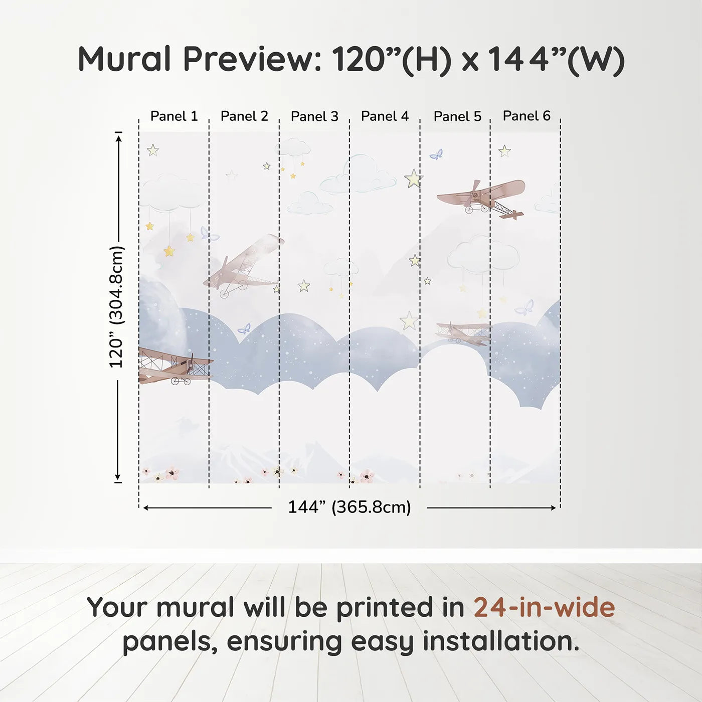 Whimsy Tots Dreamy Sky Adventure Wall Muraldimension view (120" H x 144" W). Printed in six 24-inch-wide panels. Gender-Neutral