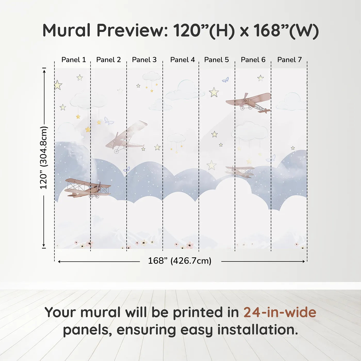 Whimsy Tots Dreamy Sky Adventure Wall Muraldimension view (120" H x 168" W). Printed in seven 24-inch-wide panels. Gender-Neutral