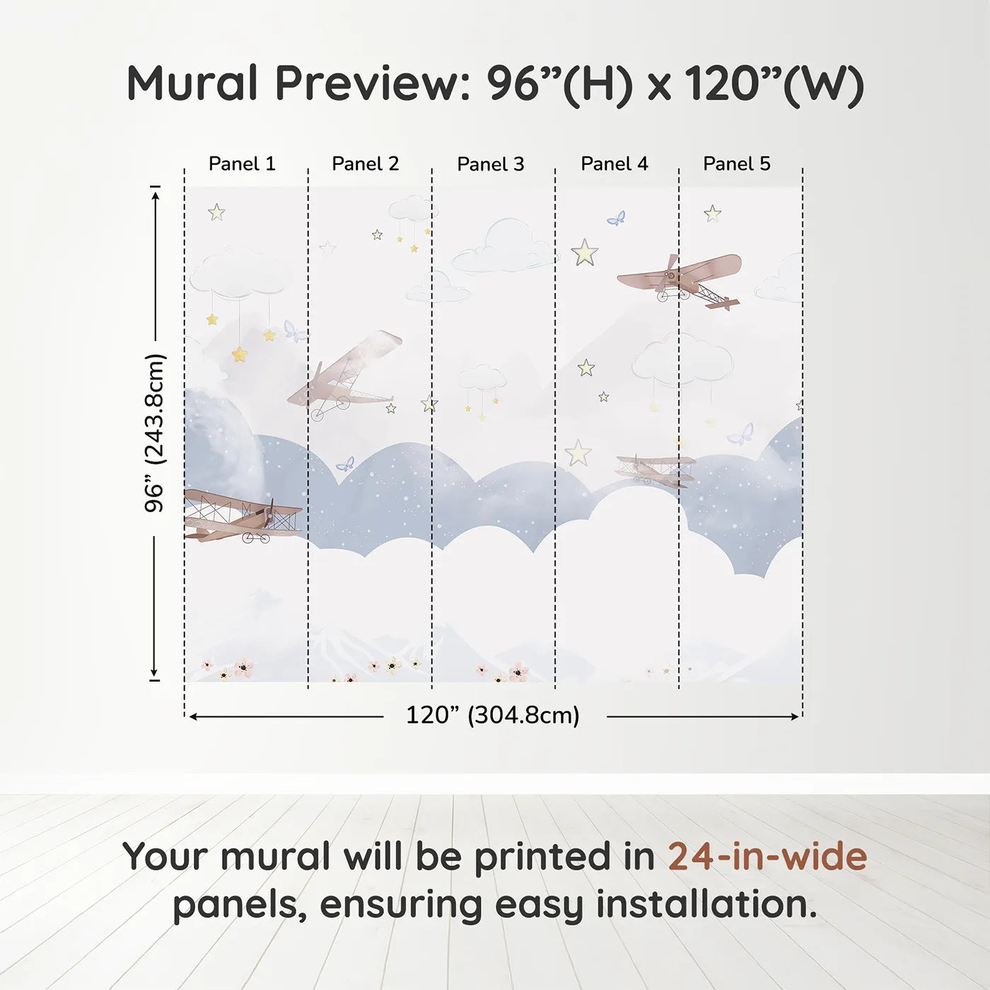 Whimsy Tots Dreamy Sky Adventure Wall Muraldimension view (96" H x 120" W). Printed in five 24-inch-wide panels. Gender-Neutral