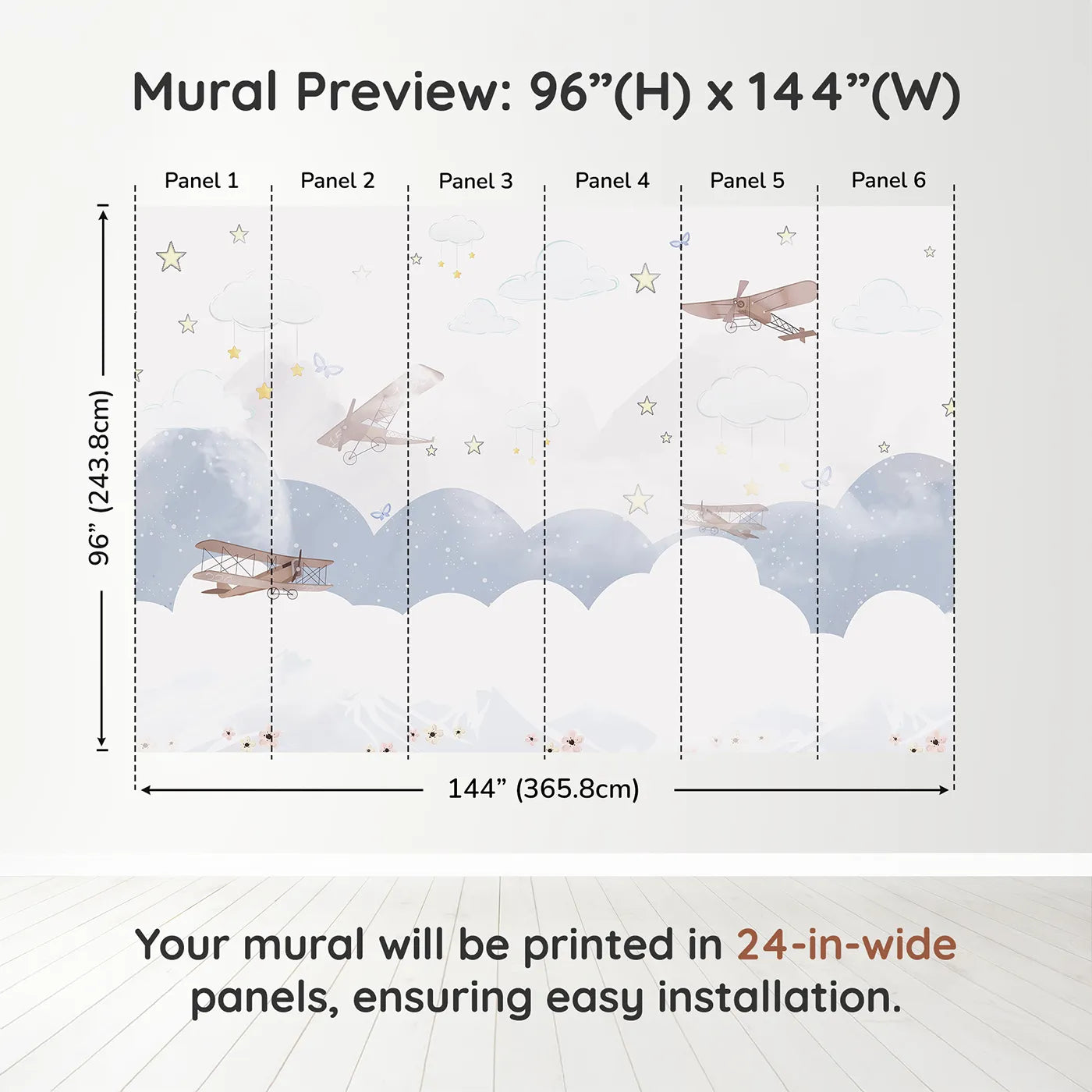 Whimsy Tots Dreamy Sky Adventure Wall Muraldimension view (96" H x 144" W). Printed in six 24-inch-wide panels. Gender-Neutral