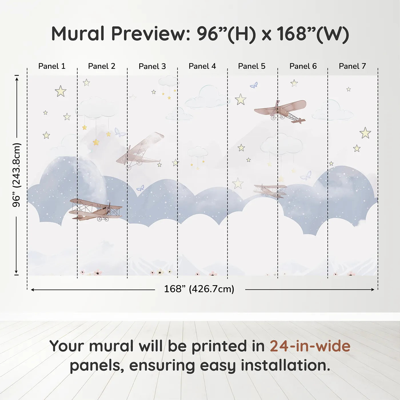 Whimsy Tots Dreamy Sky Adventure Wall Muraldimension view (96" H x 168" W). Printed in seven 24-inch-wide panels. Gender-Neutral