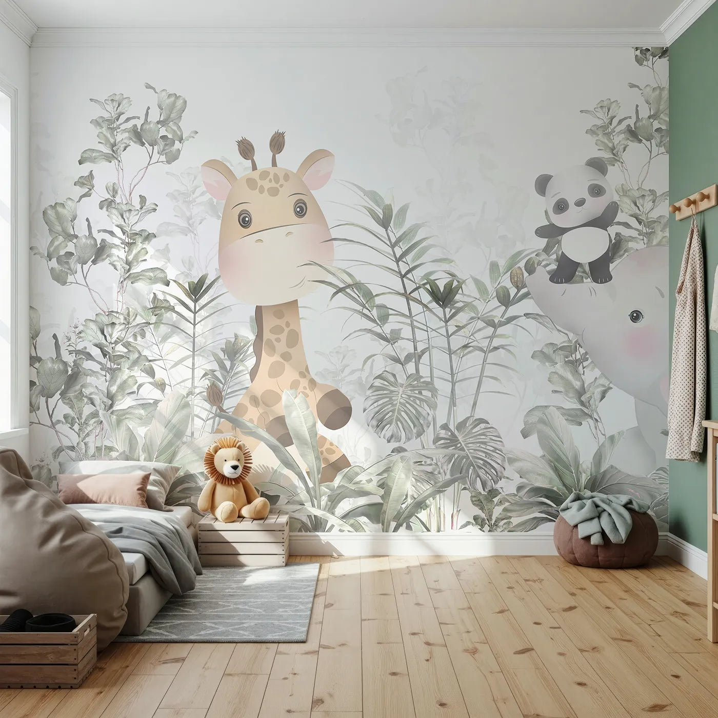 Front view of Whimsy Tots' Jungle Friends Hide and Seek Wall Mural