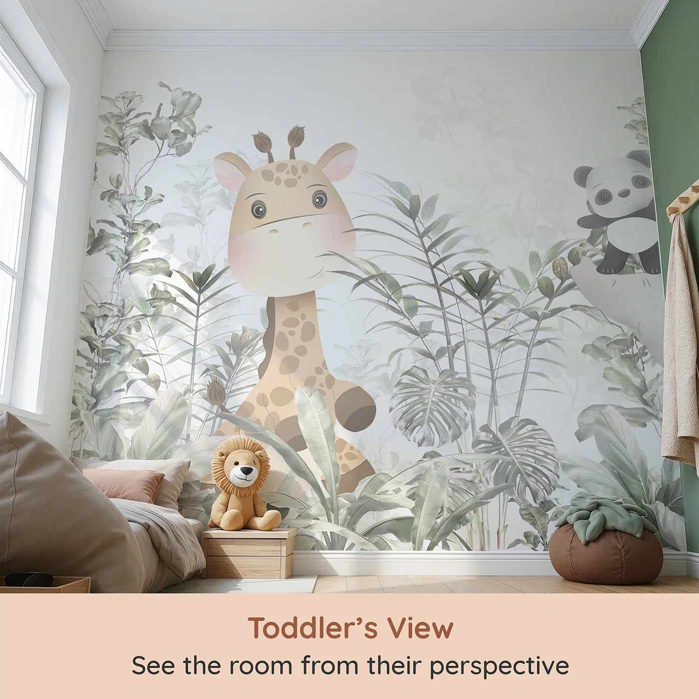 Whimsy Tots Jungle Friends Hide and Seek Wall Mural (Turn Their Room into a Gentle, Leafy Game of Hide-and-Seek) from your child's view.Gender-Neutral