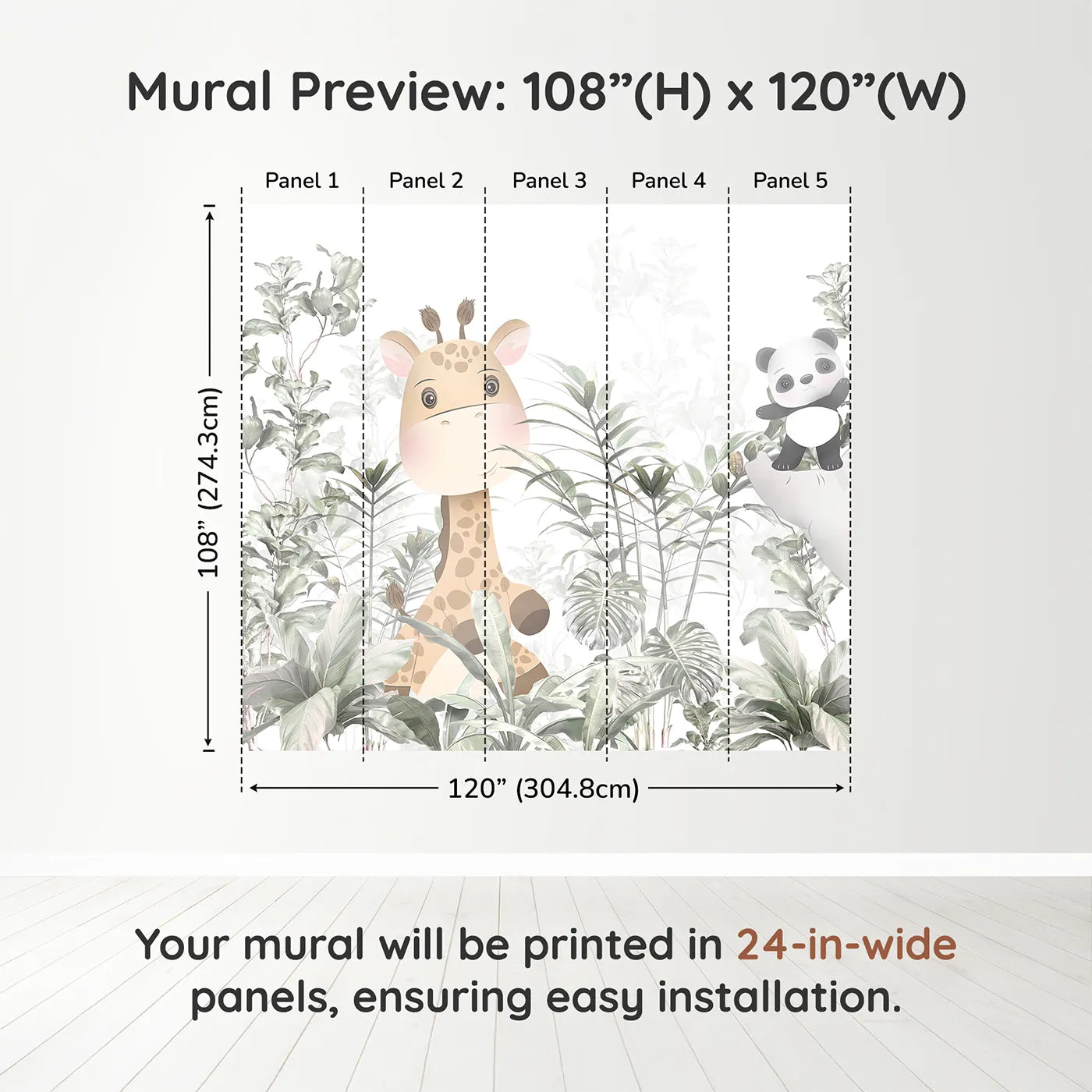 Whimsy Tots Jungle Friends Hide and Seek Wall Muraldimension view (108" H x 120" W). Printed in five 24-inch-wide panels. Gender-Neutral