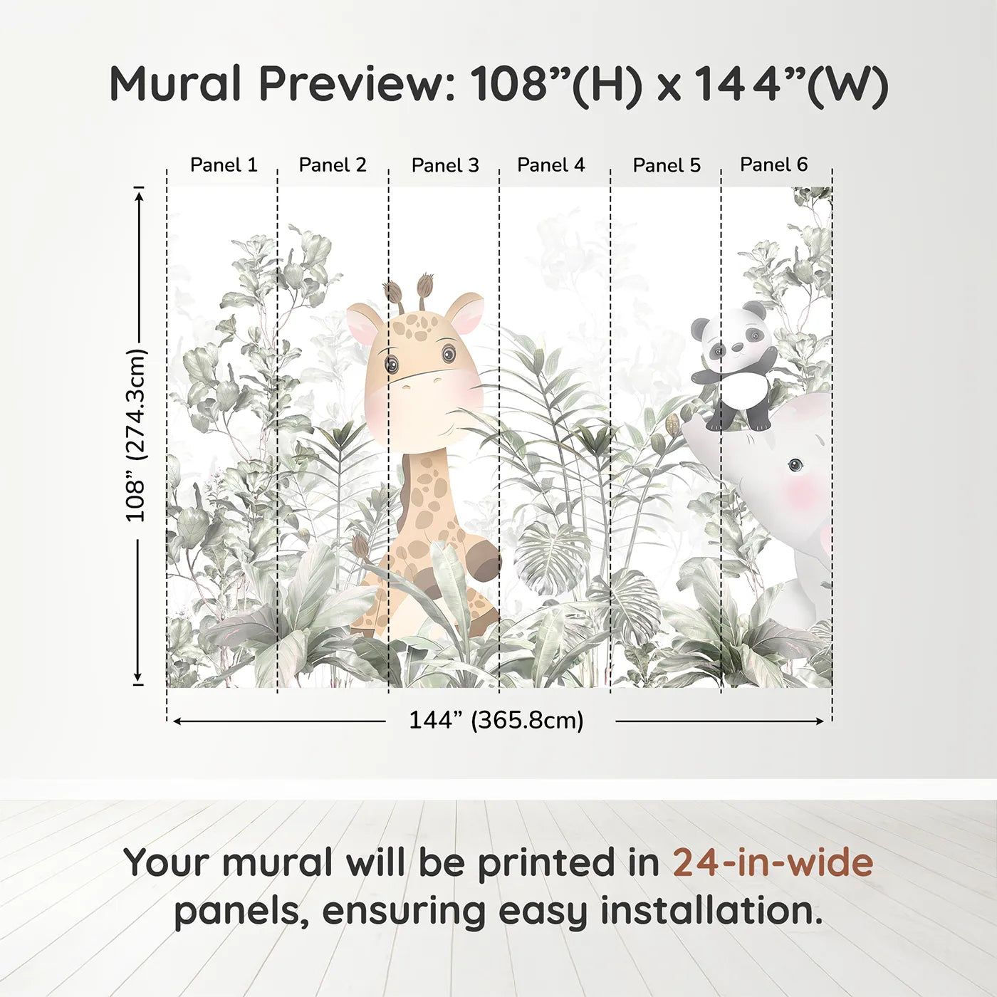 Whimsy Tots Jungle Friends Hide and Seek Wall Muraldimension view (108" H x 144" W). Printed in six 24-inch-wide panels. Gender-Neutral