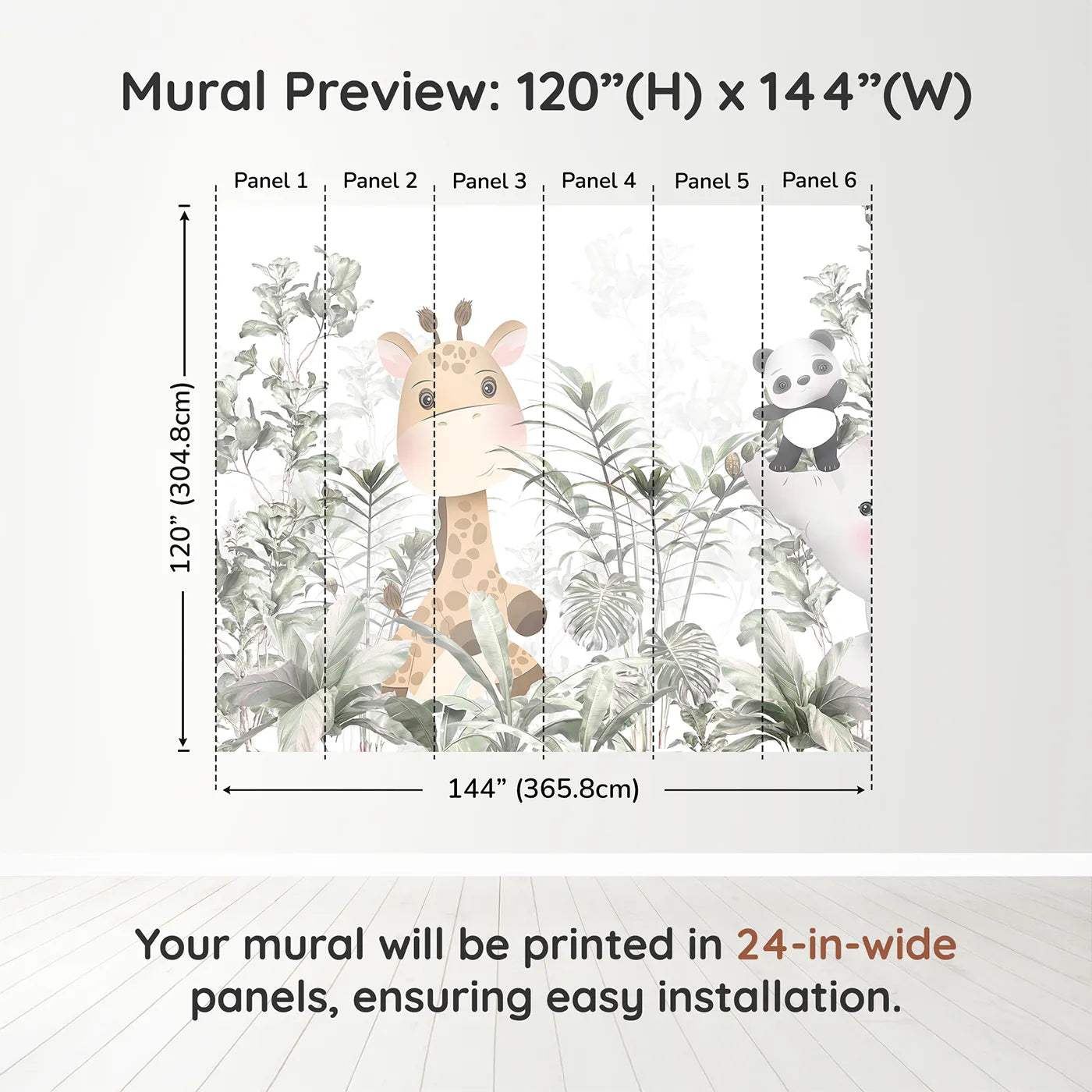 Whimsy Tots Jungle Friends Hide and Seek Wall Muraldimension view (120" H x 144" W). Printed in six 24-inch-wide panels. Gender-Neutral