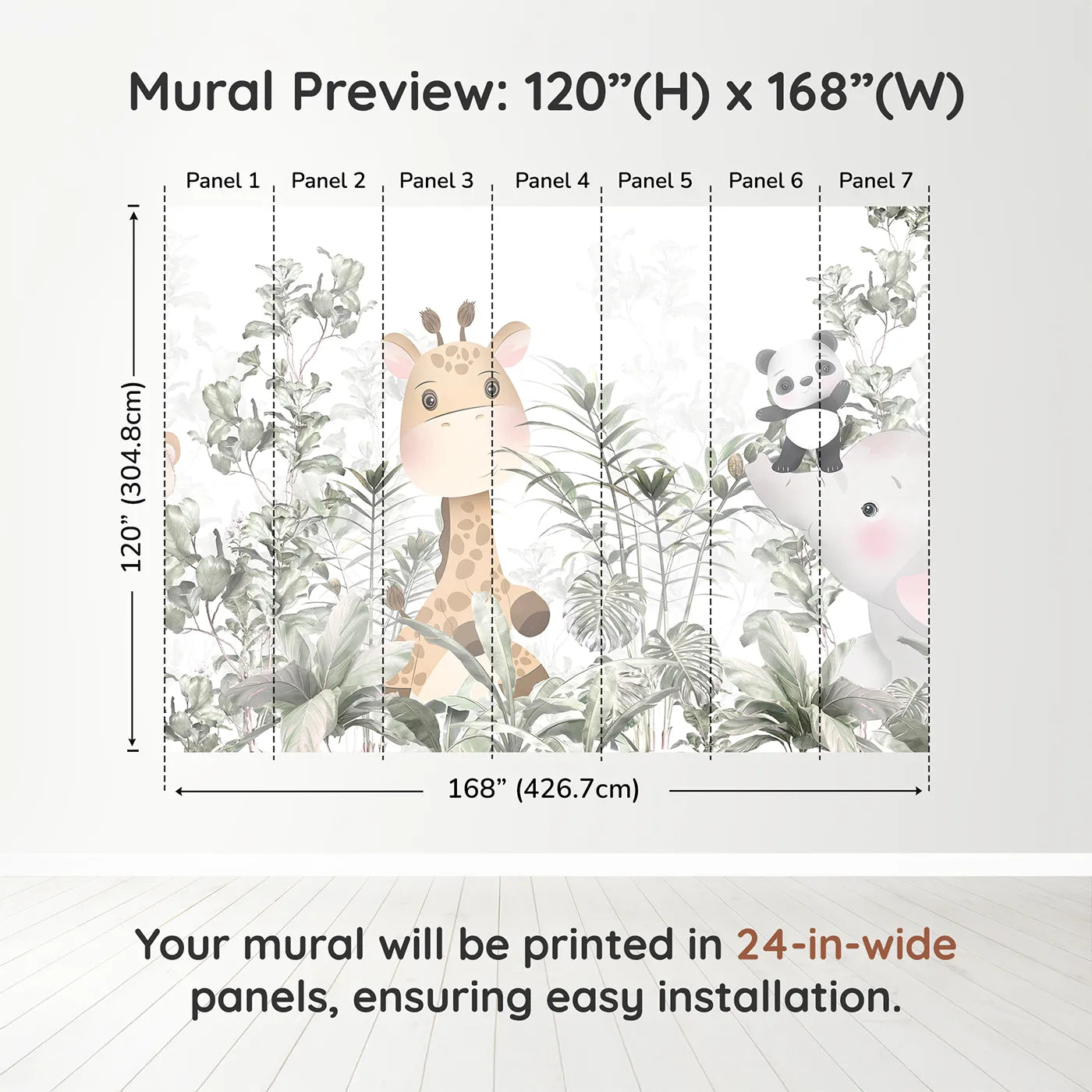 Whimsy Tots Jungle Friends Hide and Seek Wall Muraldimension view (120" H x 168" W). Printed in seven 24-inch-wide panels. Gender-Neutral