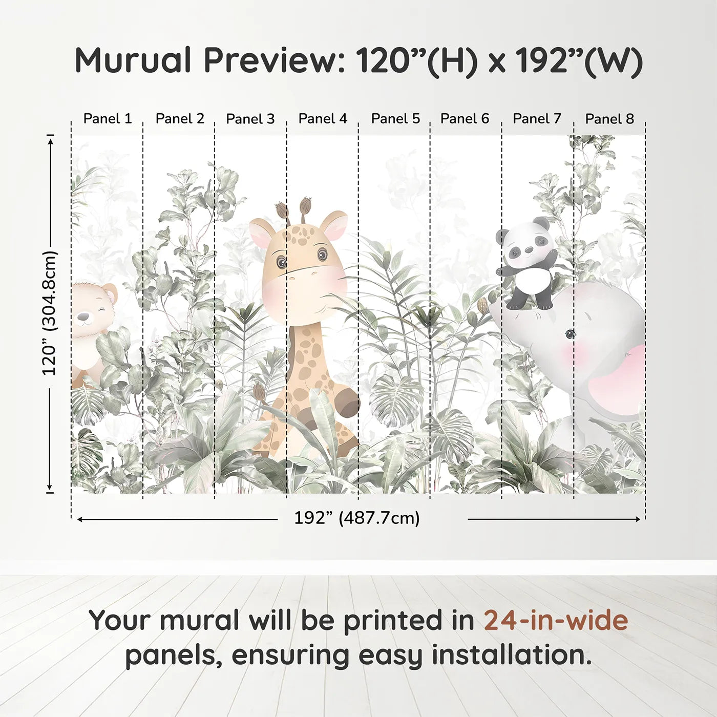 Whimsy Tots Jungle Friends Hide and Seek Wall Muraldimension view (120" H x 192" W). Printed in eight 24-inch-wide panels. Gender-Neutral