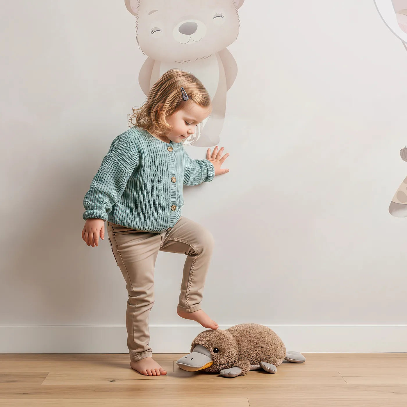 Child in front of Whimsy Tots Pastel Balloon Adventure Wall Mural with animal, balloon, cute, safari, pink, sky, pastel, blossom in design.