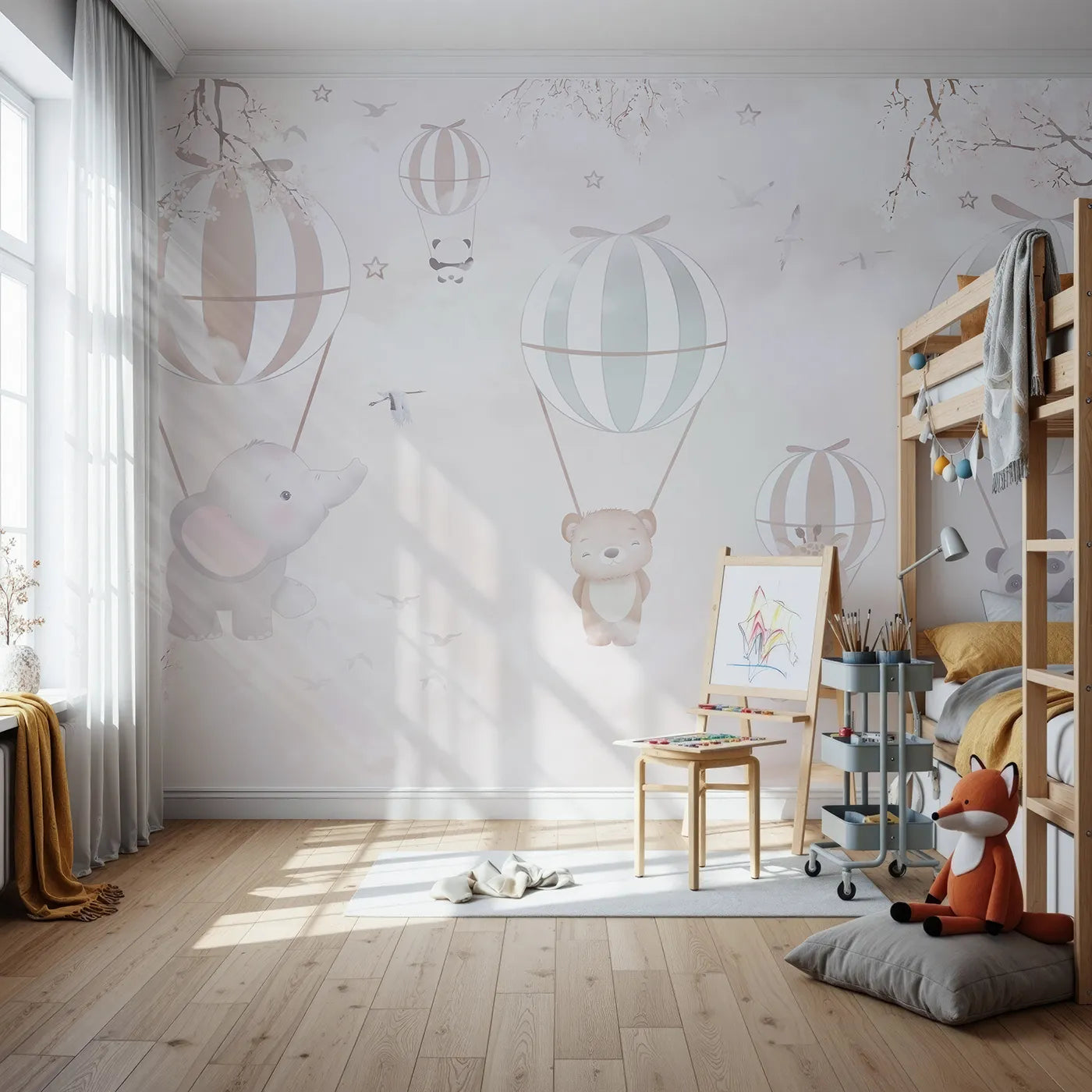 Front view of Whimsy Tots' Pastel Balloon Adventure Wall Mural