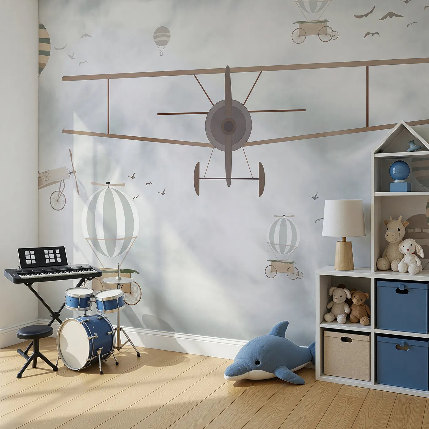Angled view of Whimsy Tots' Vintage Sky Adventure Wall Mural (Turn Their Room into a Nostalgic, Cloudy Day of Flying).Gender-Neutral
