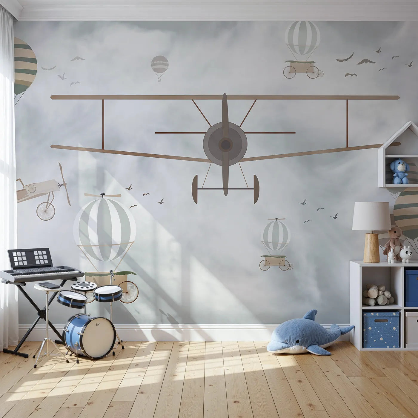 Front view of Whimsy Tots' Vintage Sky Adventure Wall Mural